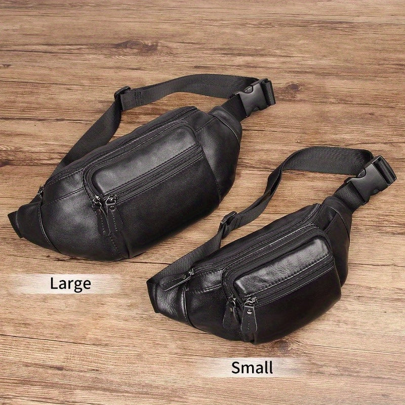 Genuine Napa Leather Cowhide Fanny Pack Belt Bag Organizer - Adjustable Strap up to 48", Multiple Zippered Compartments, Compact 10x5 Inch