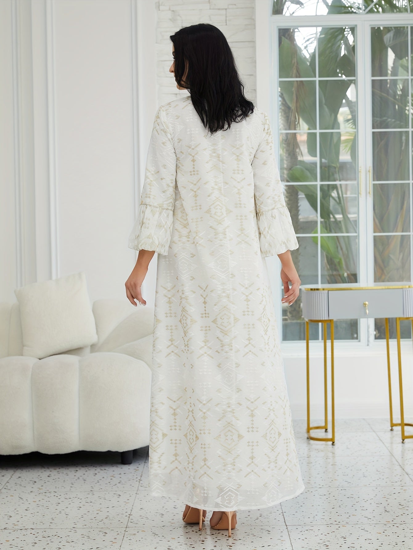 Elegant Women's Traditional Middle Eastern Abaya Dress with Embroidered Mesh Overlay - Long Sleeve, Belted Waist, Loose Fit, Geometric Pattern, White & Golden Design for Spring/Summer/Fall, Cultural Attire | Intricate Embroidery