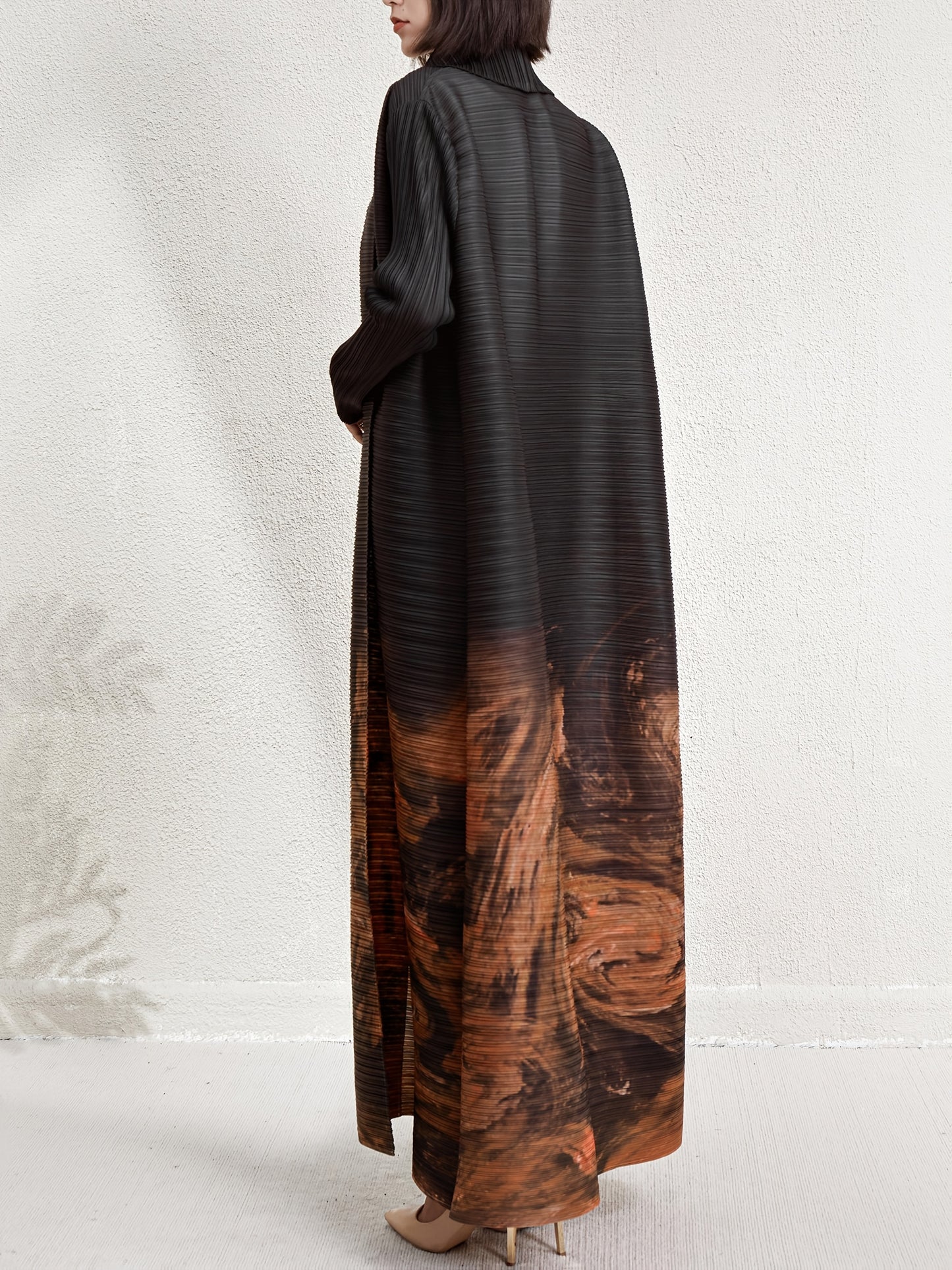 Elegant Middle Eastern Dubai Vacation Abaya Robe - Plus Size Loose Fit Pleated Geometric Print Open Front Cardigan Dress, High Elasticity Machine Washable Long Sleeve Belted