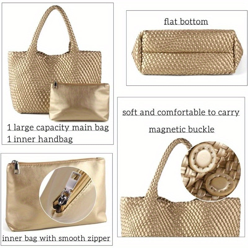 Woven Bag for Women Vegan Leather Handwoven Tote Bags with Purse Shopper Bag Large Shoulder bag