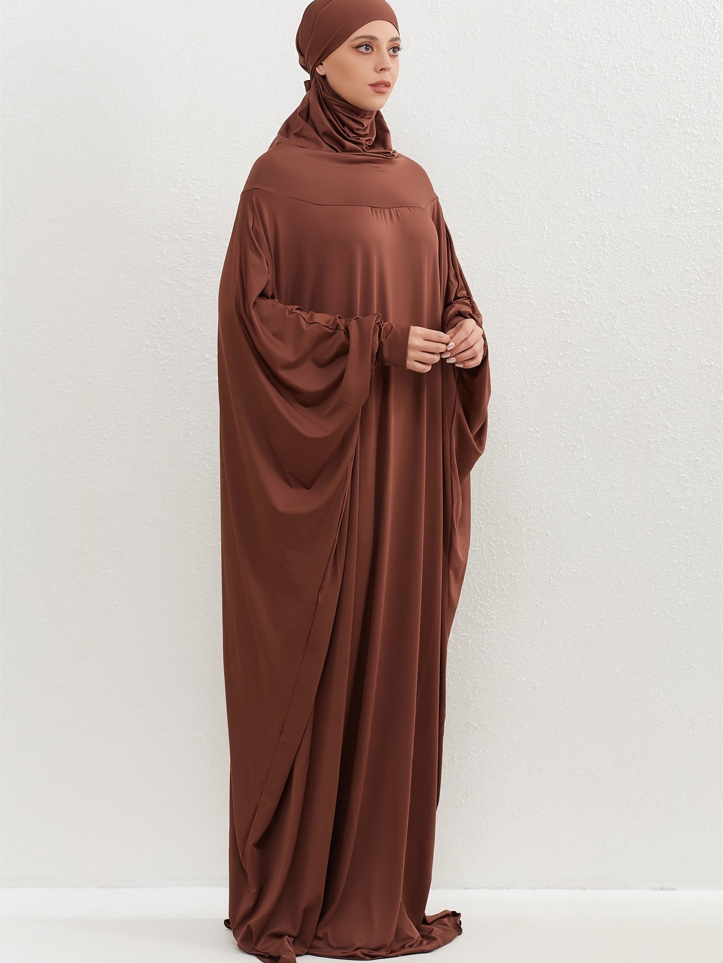 Ramadan Solid Hooded Kaftan, Elegant Batwing Sleeve Arabic Abaya, Women's Clothing
