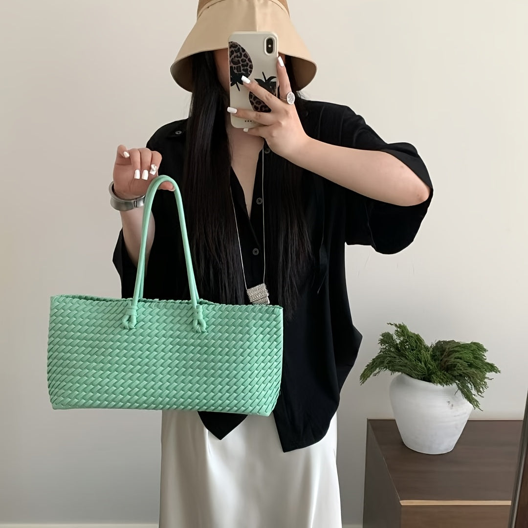 Women's Dual-Sided Woven Large-Capacity Tote Bag - Vegetable Basket Design Handbag with Top Handles & Detachable Shoulder Strap
