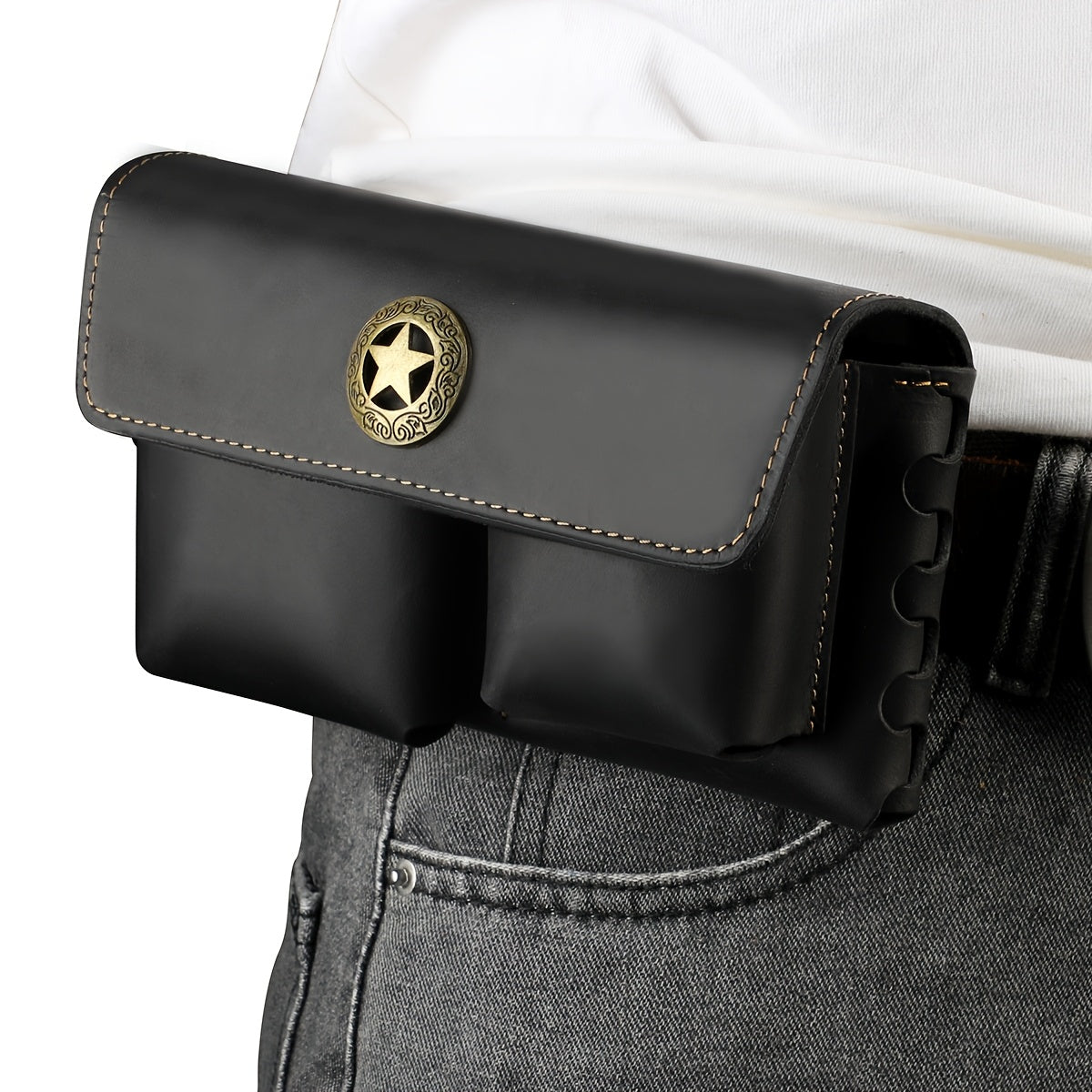 Men's Genuine Leather Sling Bag Phone Holder - Adjustable Leather Belt Pack with Metal Buckle, Multi-Compartment Organizer for Outdoor Hiking