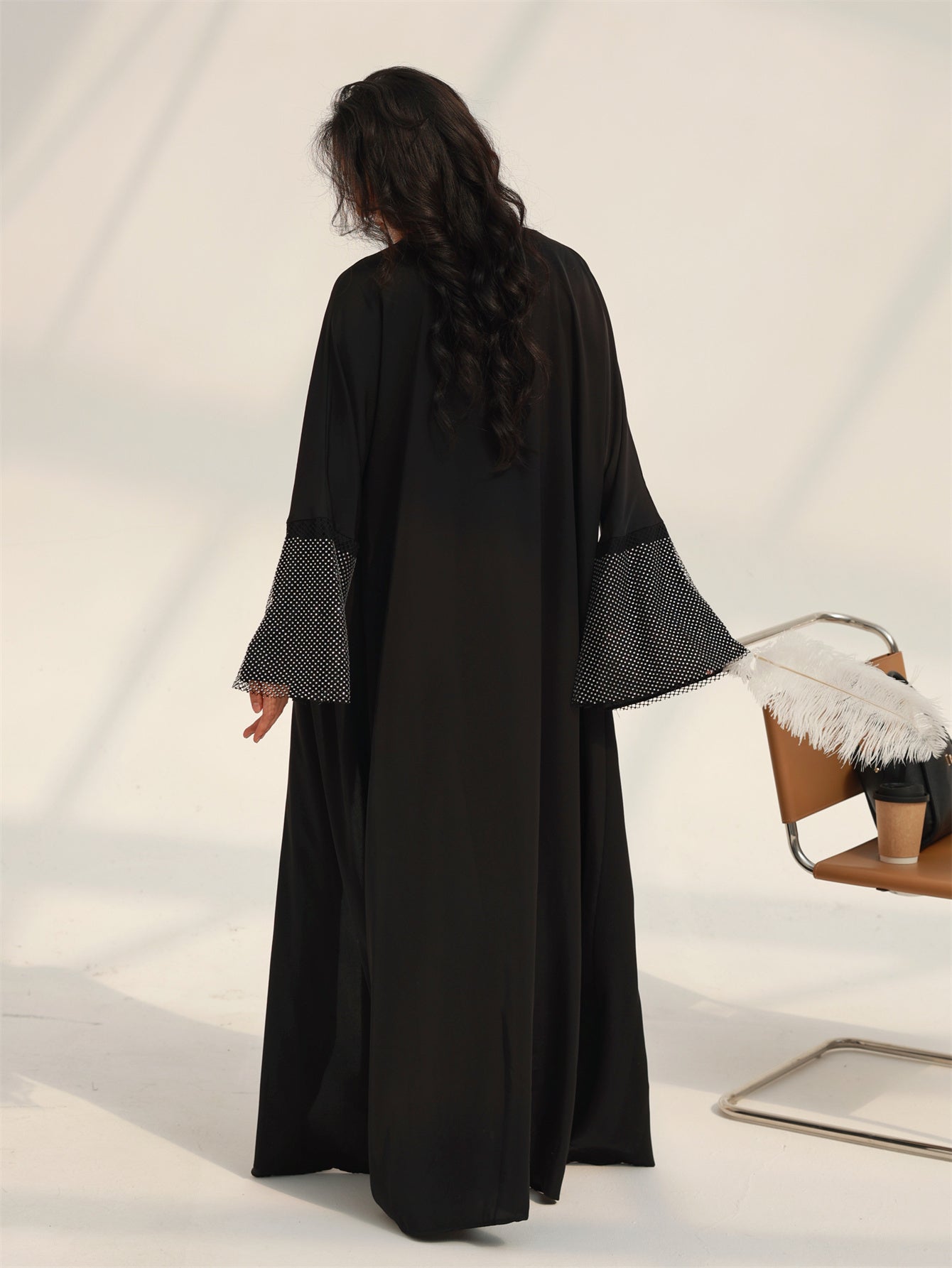 Elegant Middle Eastern Turkish Abaya Kaftan with Rhinestone Sleeves - Black & White Two-Tone Loose Fit Long Robe, Floor-Length Modest Islamic Dress for Women, Hand Wash/Dry Clean