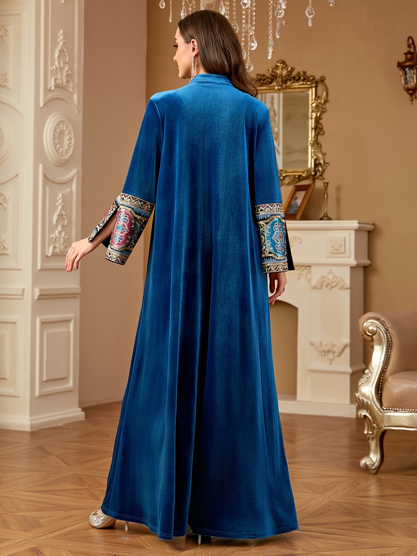 Women's Middle Eastern-Inspired V-Neck Long Sleeve A-Line kaftan Abaya - Burgundy with Multicolor Embroidery, Loose Fit Floor-Length Traditional Elegance for Autumn/Winter, Machine Washable