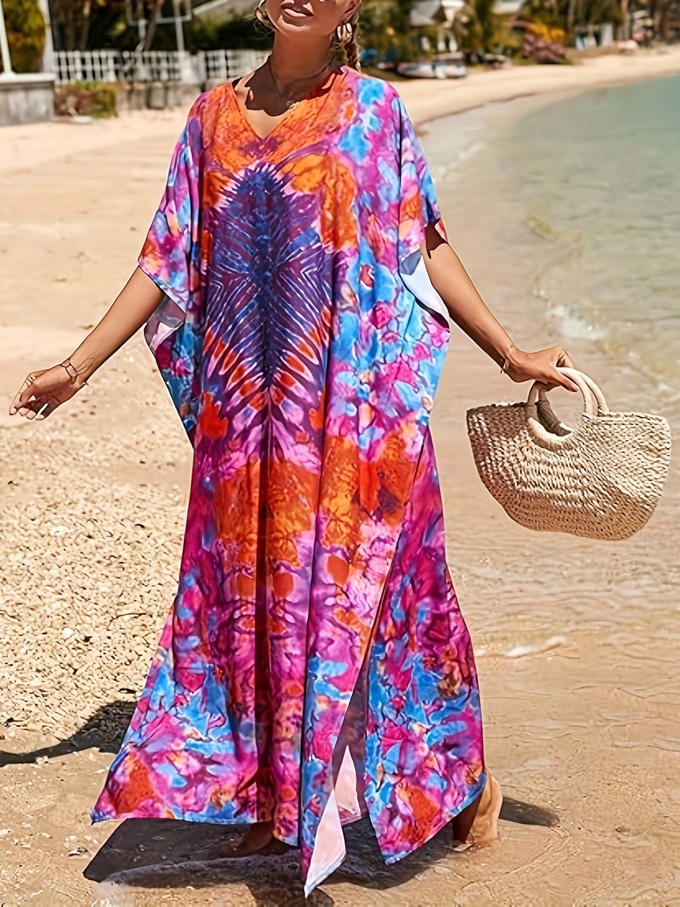 Loose Beach Cover Up Short Sleeve Casual Kaftan Dress For Women Swimsuit Coverup Orange Red