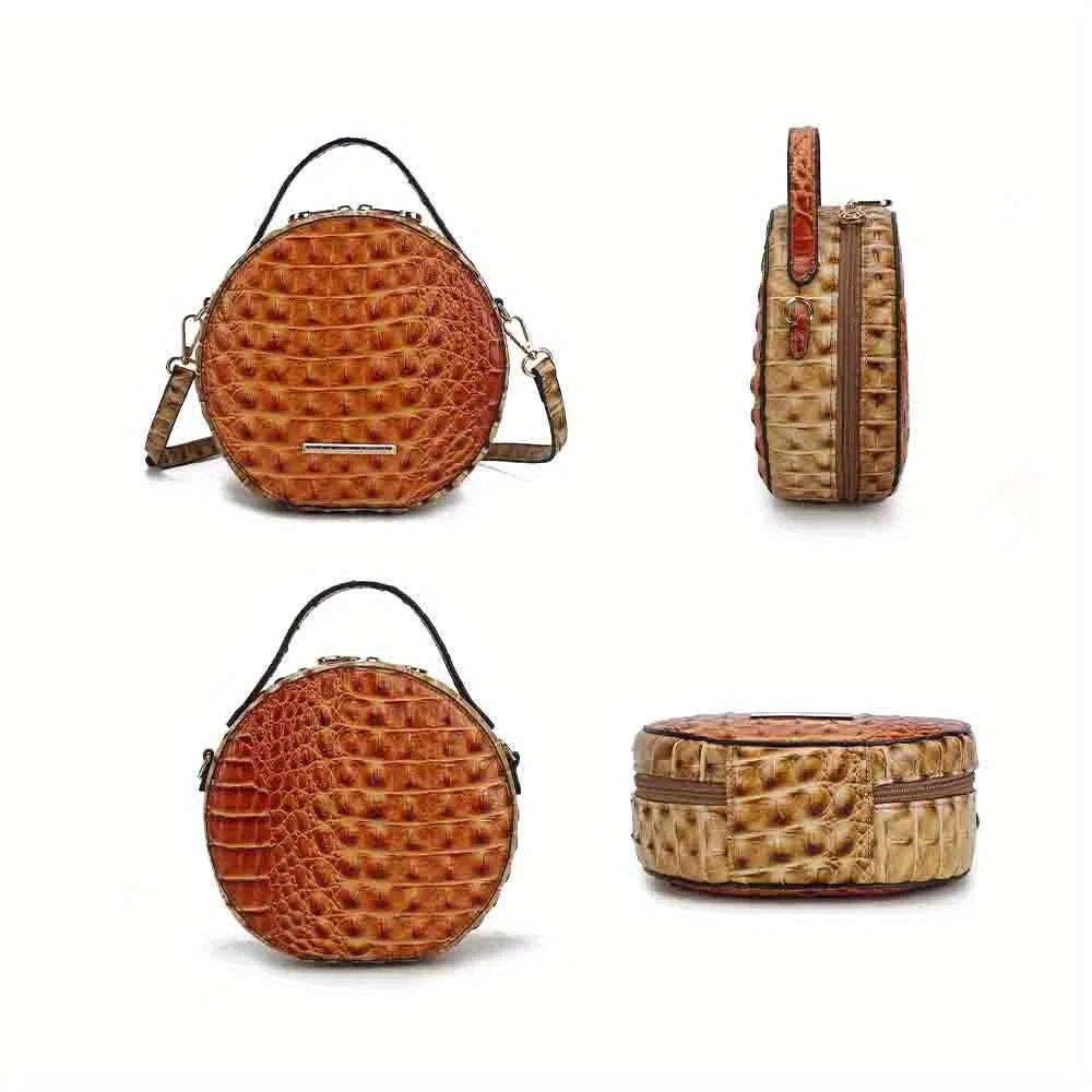 Collection Ynnari Women’s Red Crocodile-Embossed Round Crossbody Handbag with Golden-Tone Hardware, Genuine Leather | Stylish Crossbody