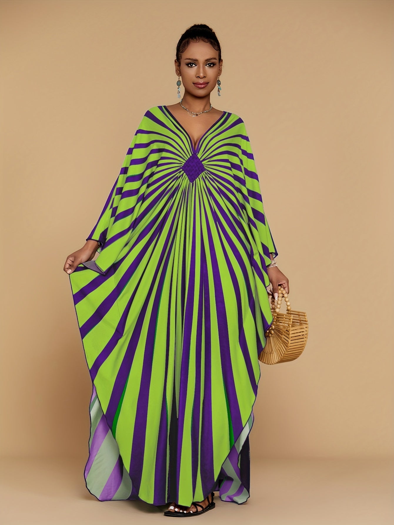 Plus Size - Bohemian Stripe Print Kaftan Dress for Women - V-Neck, Half Sleeve, Long Length, Lightweight Polyester, Perfect for Beach Coverup & Casual Vacation, Plus Size, Spring/Summer/Fall Wear, Beach Dress