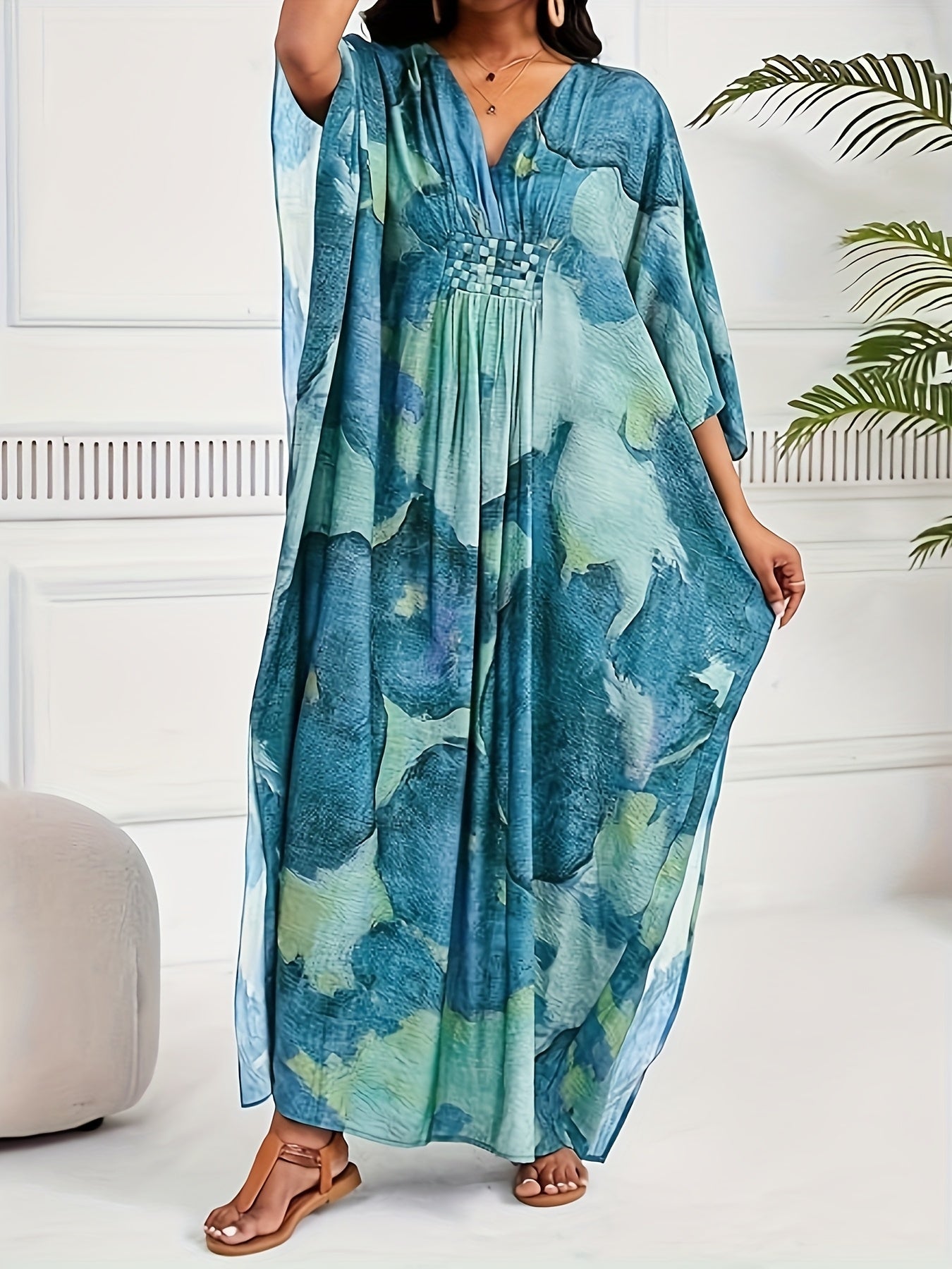 Plus Size - Plus Size Kaftan Dresses For Women V Neck Swimsuit Coverup Floral Print Kaftan Maxi Beach Dress Brown