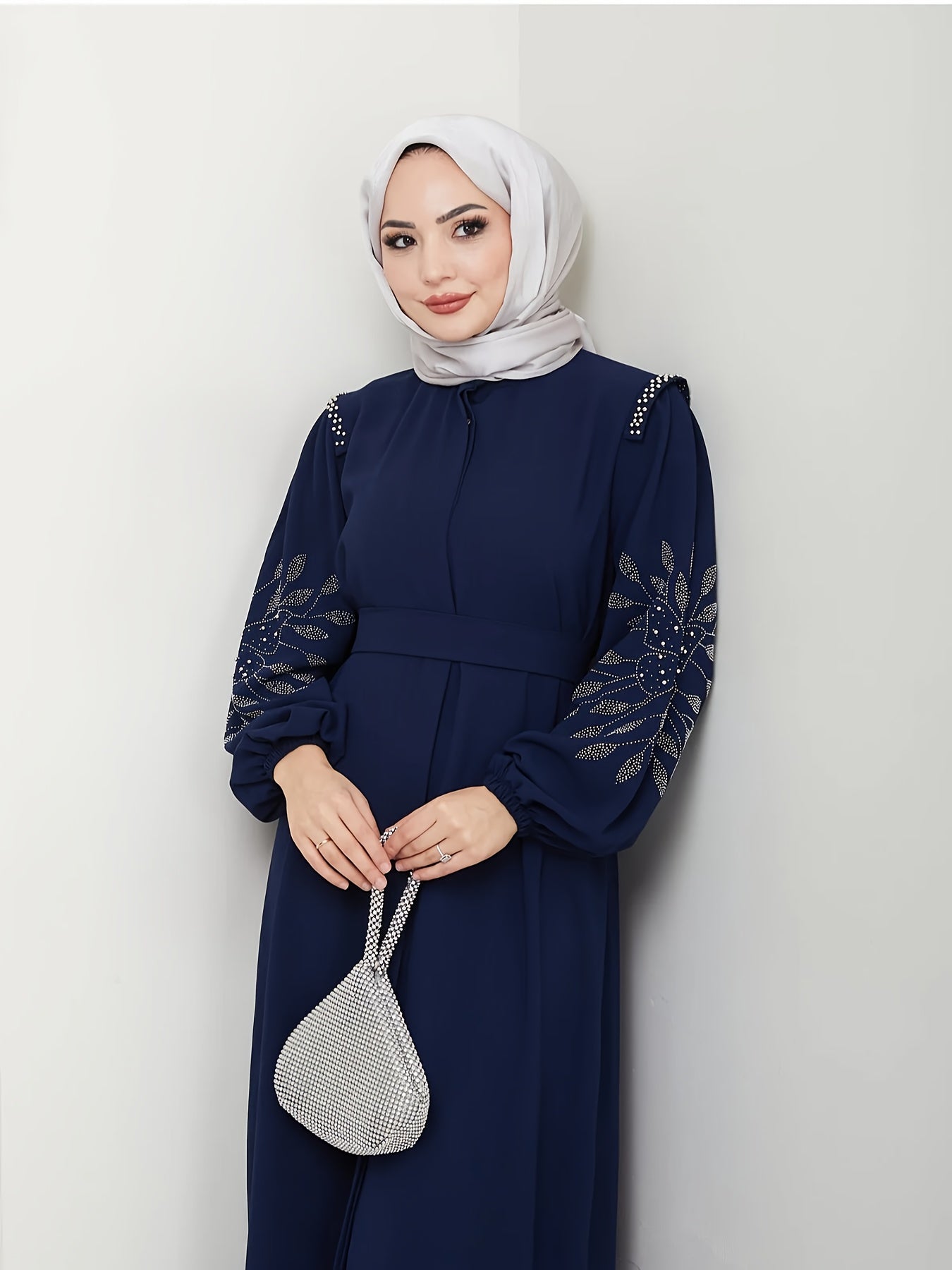 Elegant Middle Eastern-Inspired Rhinestone & Pearl Embellished Long Palestinian Abaya Dress - 100% Polyester Solid Black Floor-Length with Belt, Hand Wash Only for Modest Women