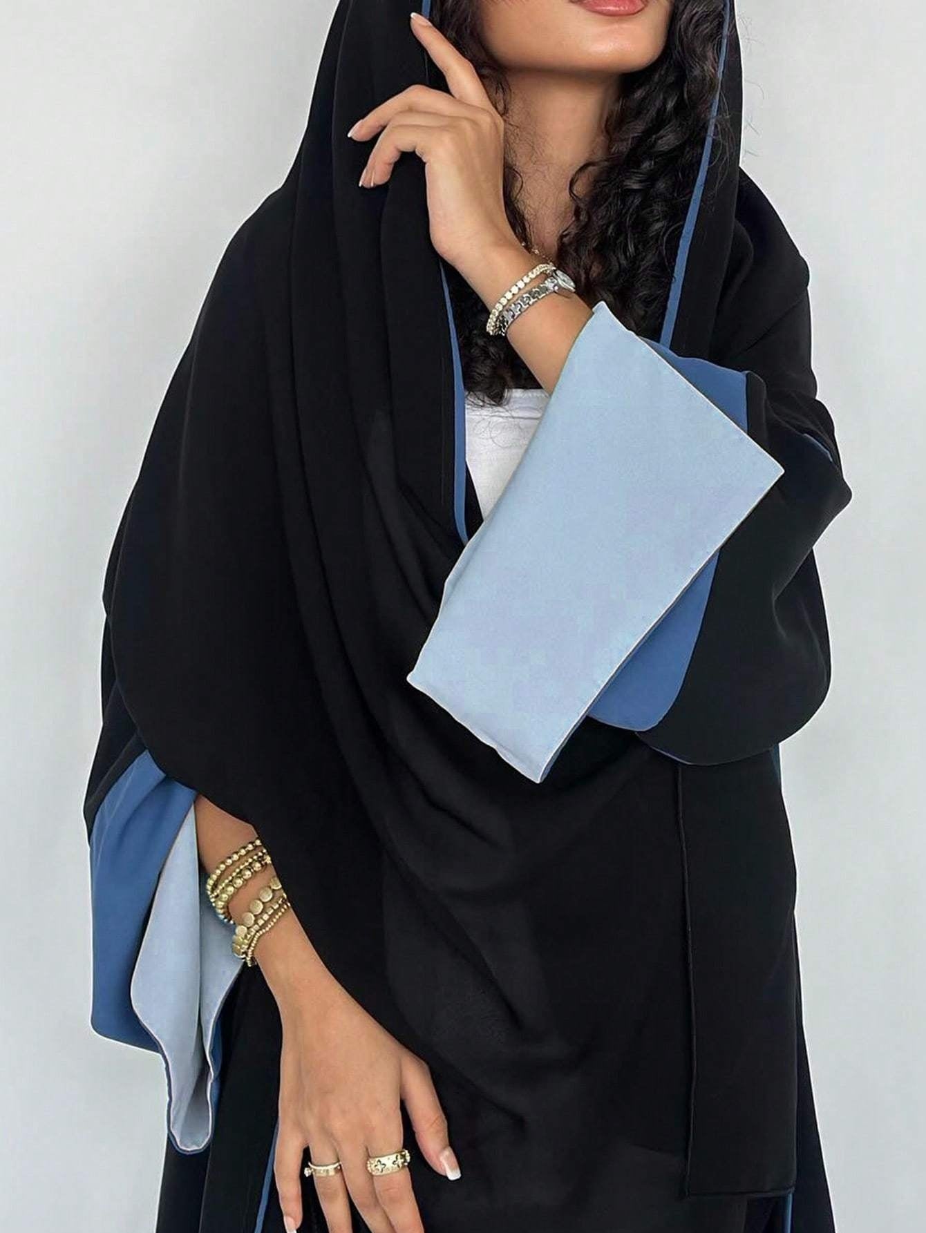 Plus Size - 1pc Plus Size Women's Abaya Burqa - Elegant Color Block Design, Loose Fit Long Sleeve with Open Front, Black & Blue Geometric Pattern, Perfect for Festive Occasions