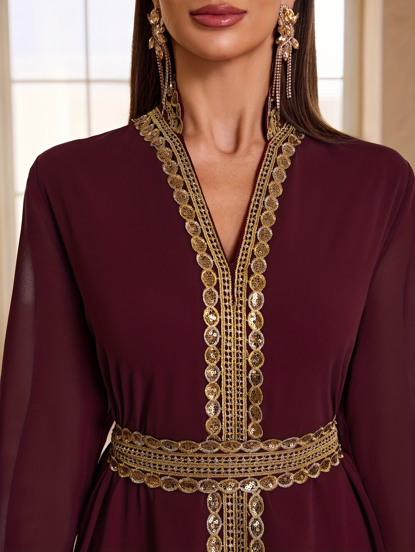 Elegant Women's Banquet Evening Modern Abaya - Maroon Chiffon with Golden Lace Embroidery, Stand Collar, Long Sleeves, and Waistband, Perfect for Formal Events, Formal Evening Wear