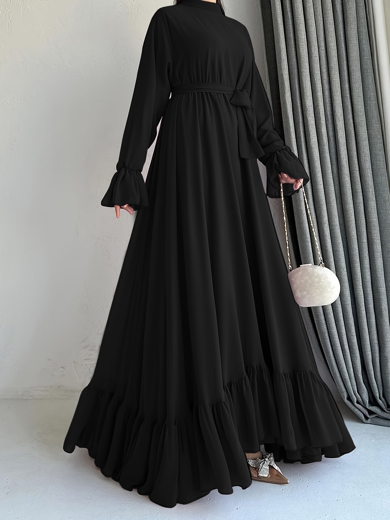 Stunning Solid Color Belted Peplum Maxi Dress - Elegant Palestinian Abaya for Women with Long Sleeves, Pleated Design, and Flattering Silhouette for Spring and Fall Seasons - Chic and Modest Clothing