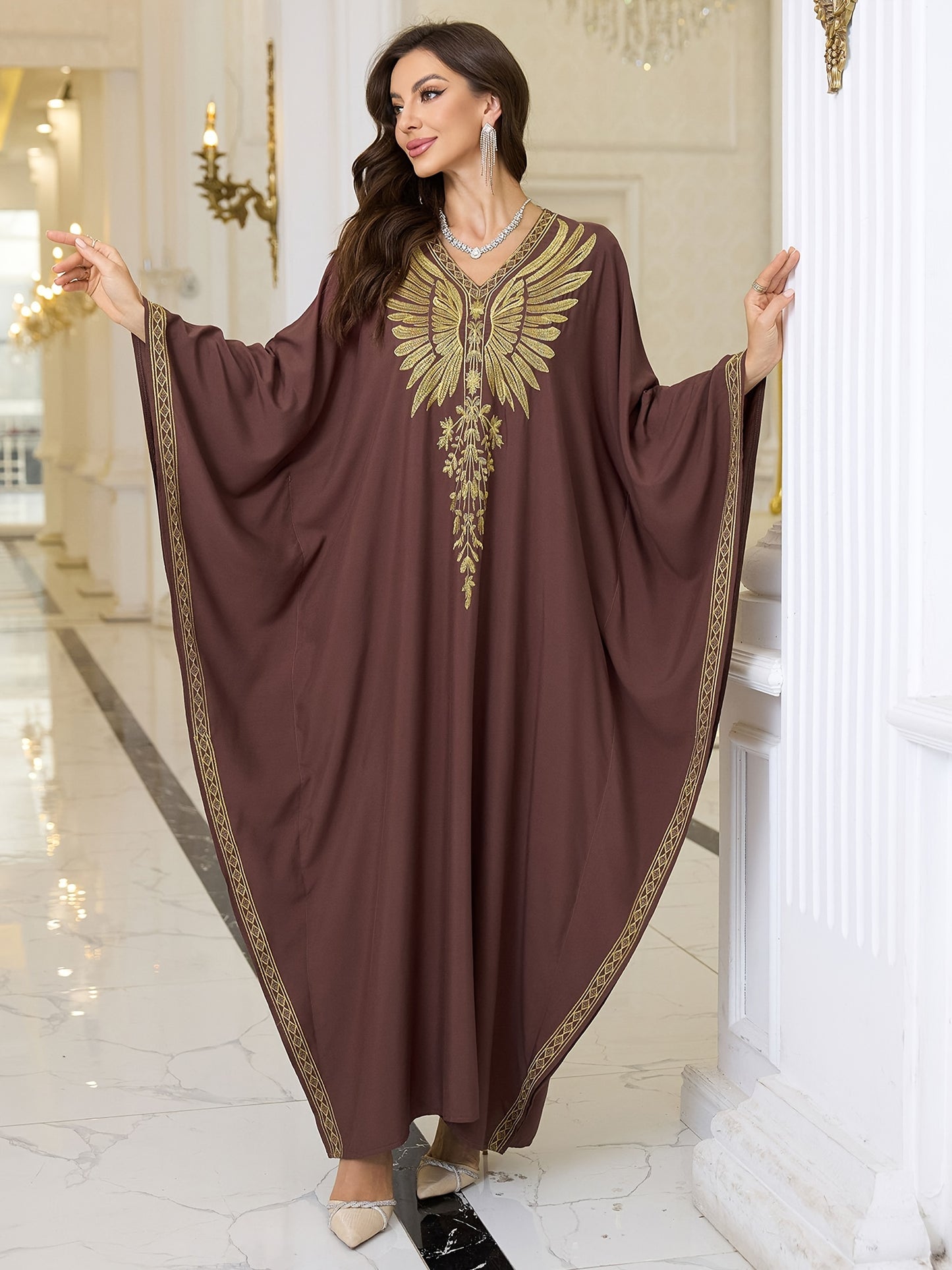 Elegant Plus Size Kaftan Dress with Embroidered Wings - V-Neck, Batwing Sleeves Abaya, Loose Fit Maxi Dress for Women - Suitable for Casual Wear, Parties & Special Occasions - Perfect Gift for Women