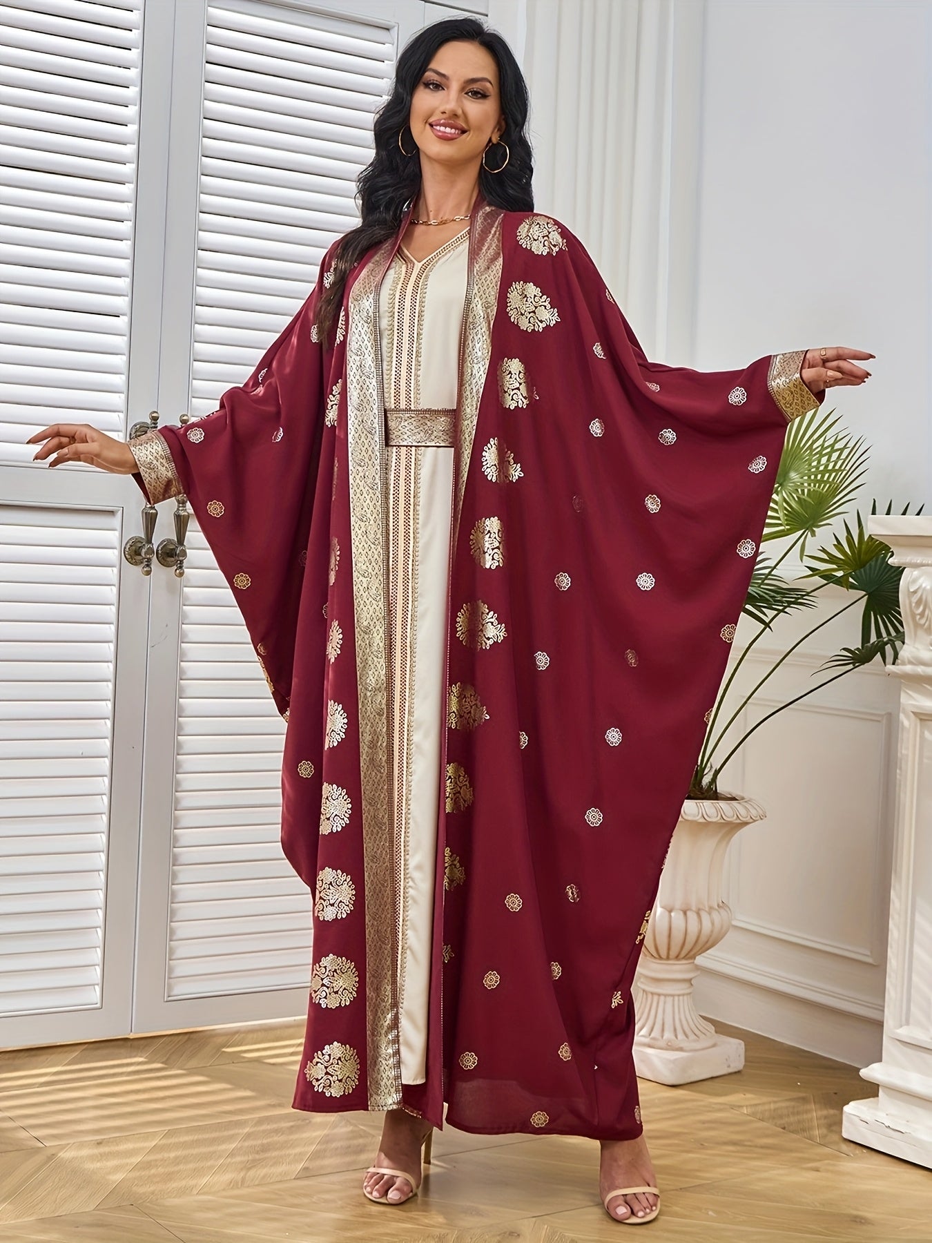 Elegant Maroon & Beige Two-Piece Traditional Dress with Golden Embellishments - Long Sleeve Kaftan Abaya with Batwing Sleeves, Floor-Length Gown for Weddings & Formal Events