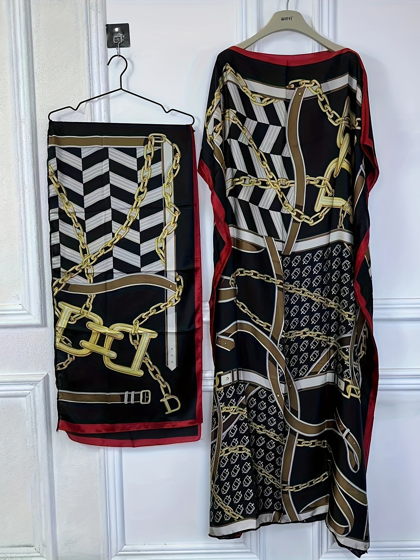Chain Print Boat Neck Modest Dress, Elegant Batwing Sleeve Loose Maxi Dress With kaftan Abaya, Women's Clothing