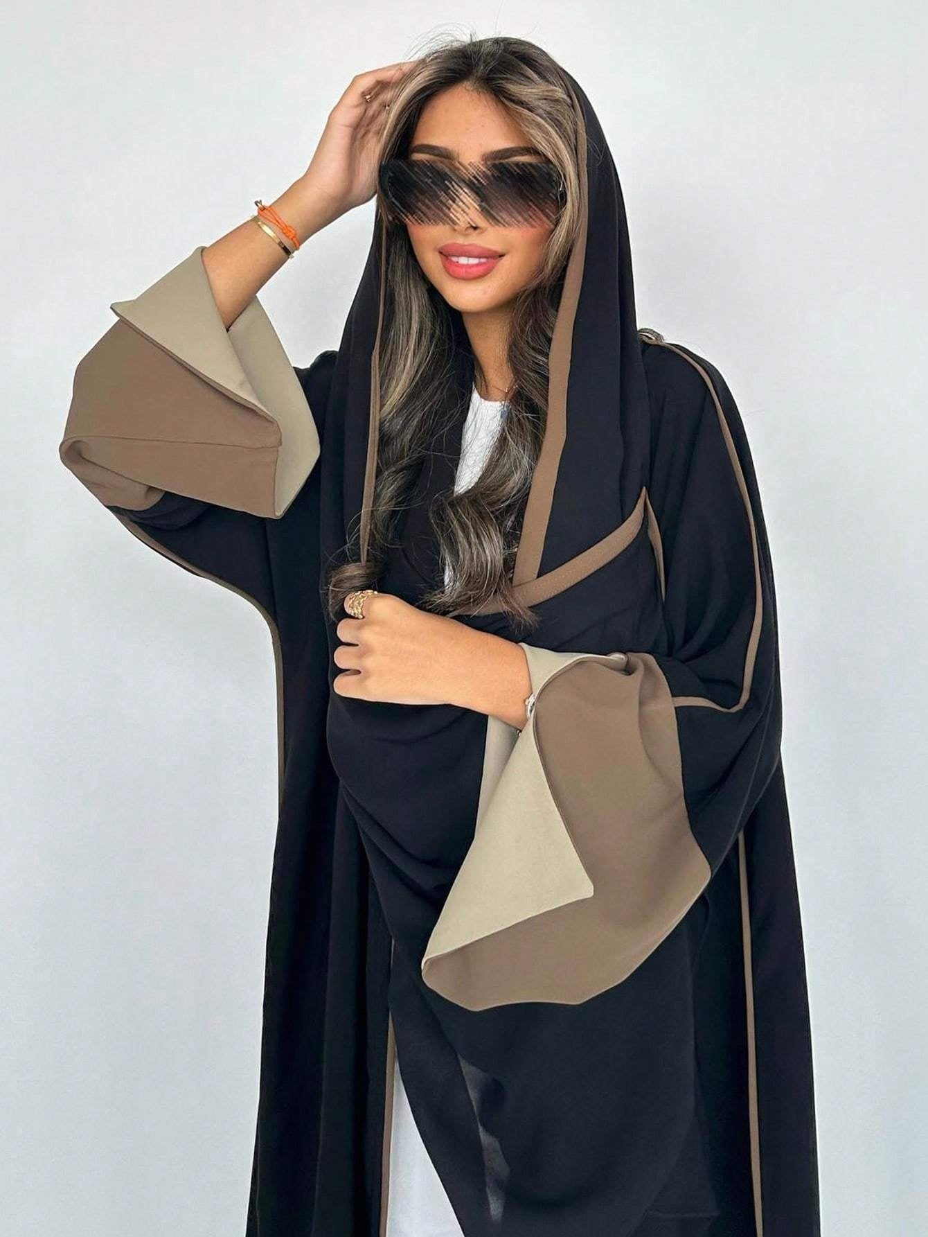 Plus Size - 1pc Plus Size Women's Abaya Burqa - Elegant Color Block Design, Loose Fit Long Sleeve with Open Front, Black & Blue Geometric Pattern, Perfect for Festive Occasions