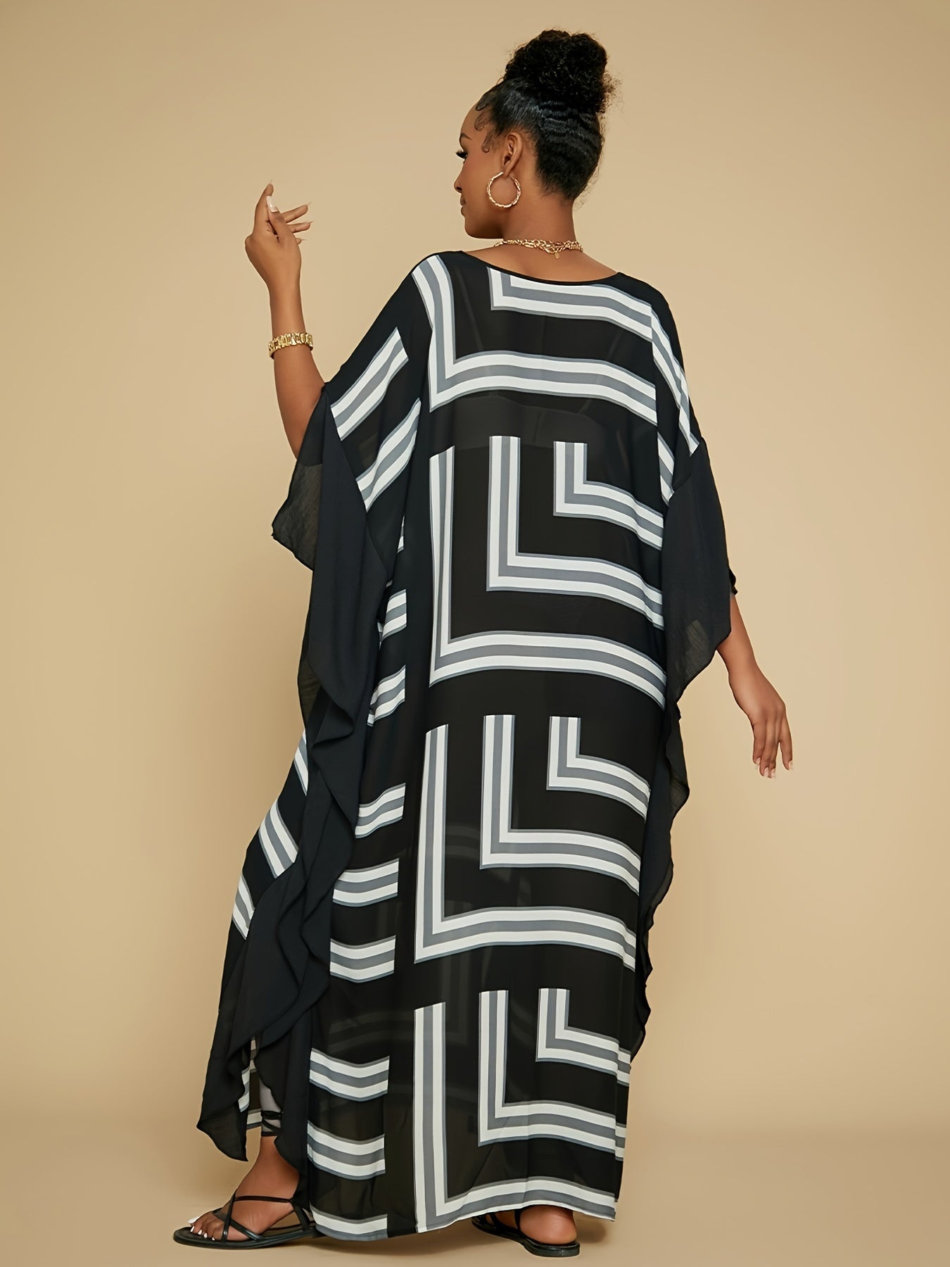 Women's Bohemian Kaftan Swimsuit Cover Up - Lightweight Geometric Print Maxi Dress for Beach & Pool, Machine Washable Summer Swimwear Cover-Up, Black, Bathing Suit Cover Up, Poolside Apparel, Soft Drape Material, Flowy Fabric