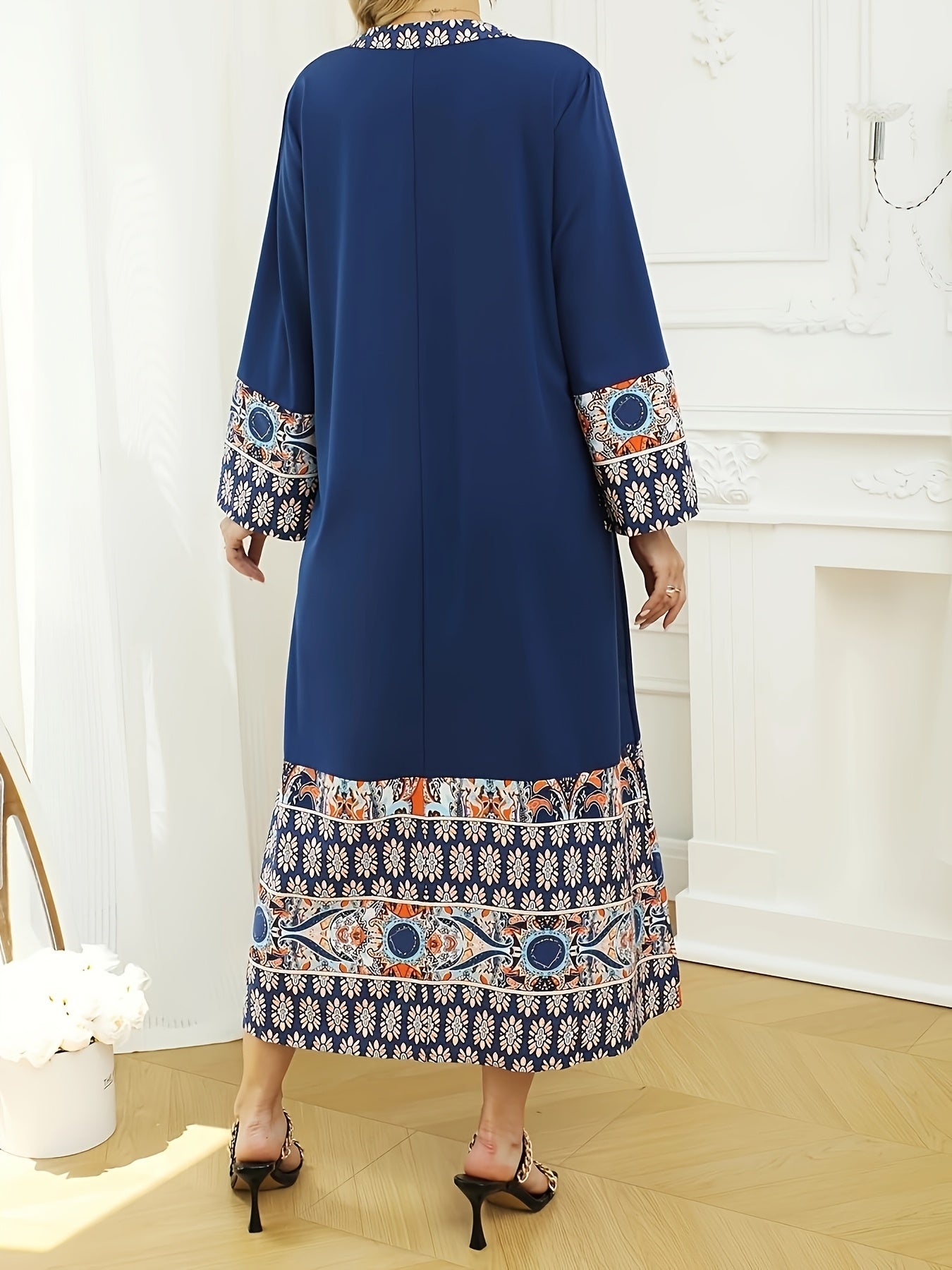 Elegant Muslim Kaftan Abaya Dress | Middle Eastern-Inspired Ethnic Floral Print with Blue/Orange/White/Black, Asymmetrical Hem & Lace Trim, X-Line Silhouette, Adjustable Waist Tie for Modest Women