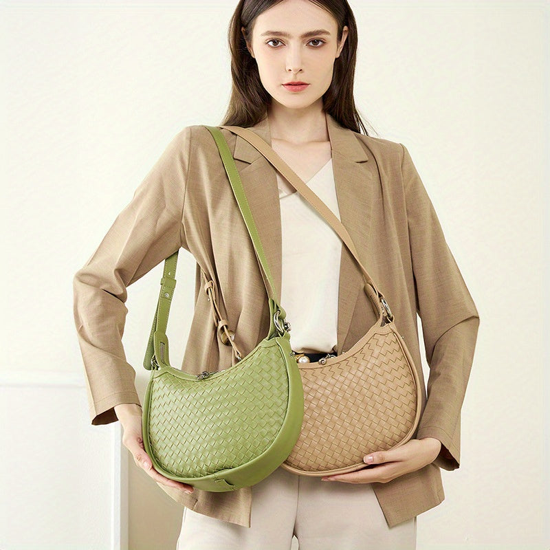 2025 New Niche Cowhide Woven Handbag for Women - Adjustable Crossbody Shoulder Bag with Zipper Closure, Vibrant Green Woven Texture