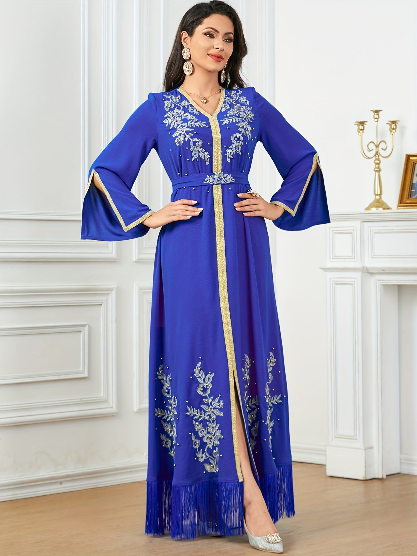 Women's Embroidered Long Sleeve Modern Abaya, 100% Polyester, Solid Color, Non-Stretch Woven Fabric, 155g/m² Weight, 90g/m² Lining, All-Season Fashion with Belt Detail
