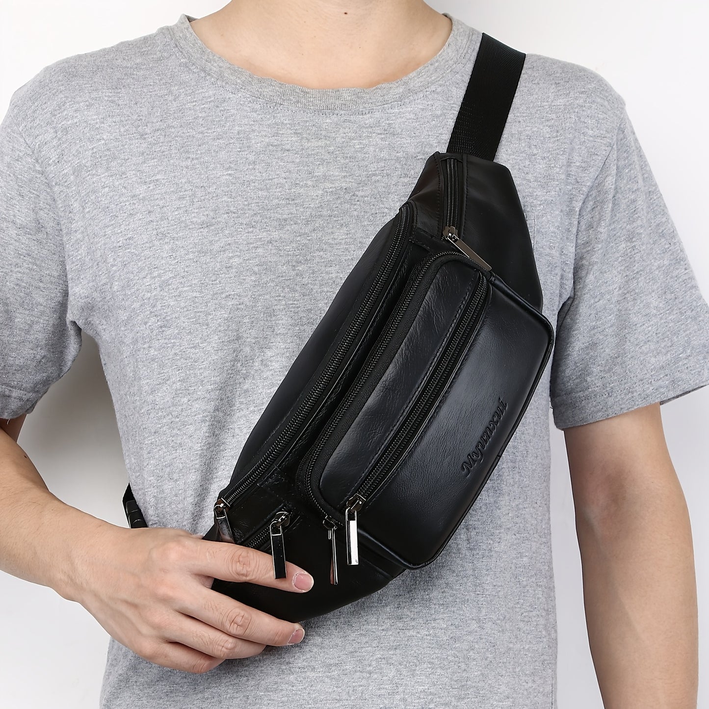 Men's Genuine Leather Belt Bag, Casual Top Layer Cowhide Fanny Pack, Black, with Adjustable 35.43inch Strap, Crossbody