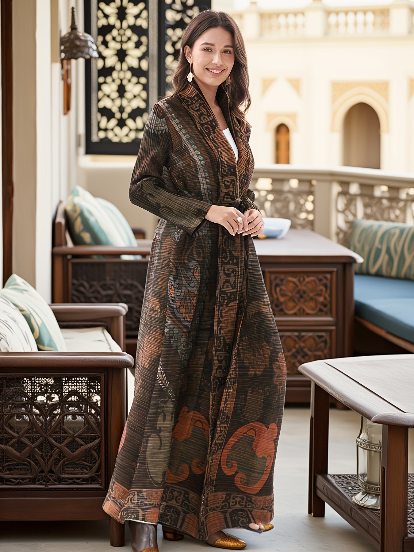 Elegant Women's Long Abaya - Loose Fit, Batwing Sleeves, Pleated Detail, Stretchy Fabric, Open Front, Middle Eastern Style, Perfect for Spring/Fall, Casual Wear Abaya | Elegant Abaya