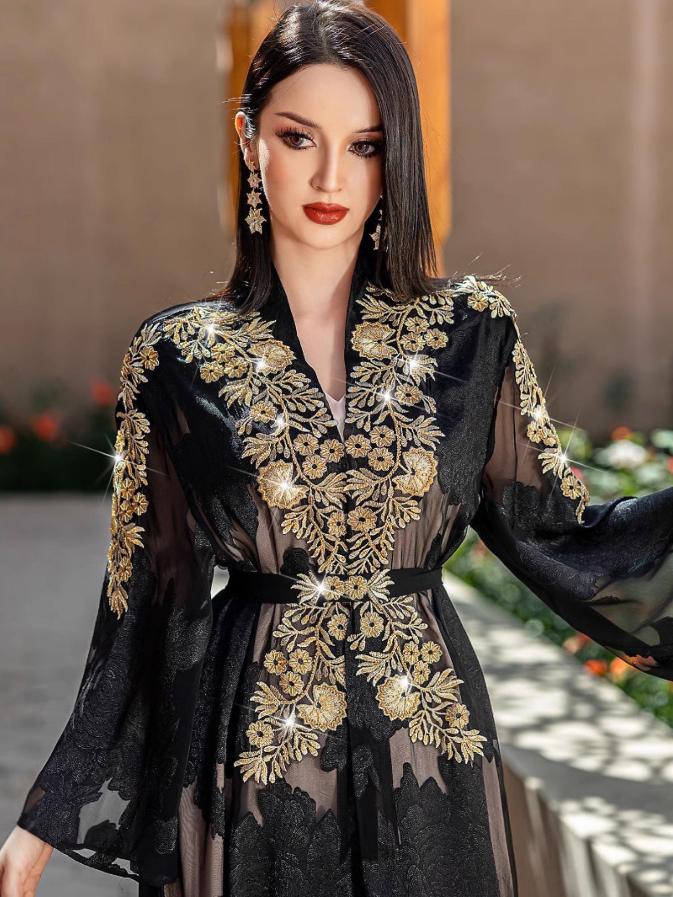 Two-Piece Black and Golden Embroidered Abaya with Belt - Elegant Long Sleeve, Flowing Ethnic Style, Non-Stretch Fabric, Perfect for Spring/Summer, Cultural Attire|Elegant Abaya|Satin Finish