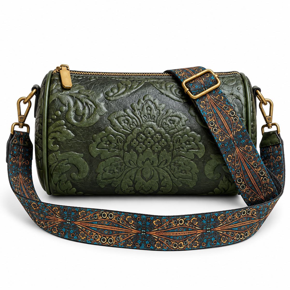 Olive Green Embossed Barrel Vintage Crossbody Bag
