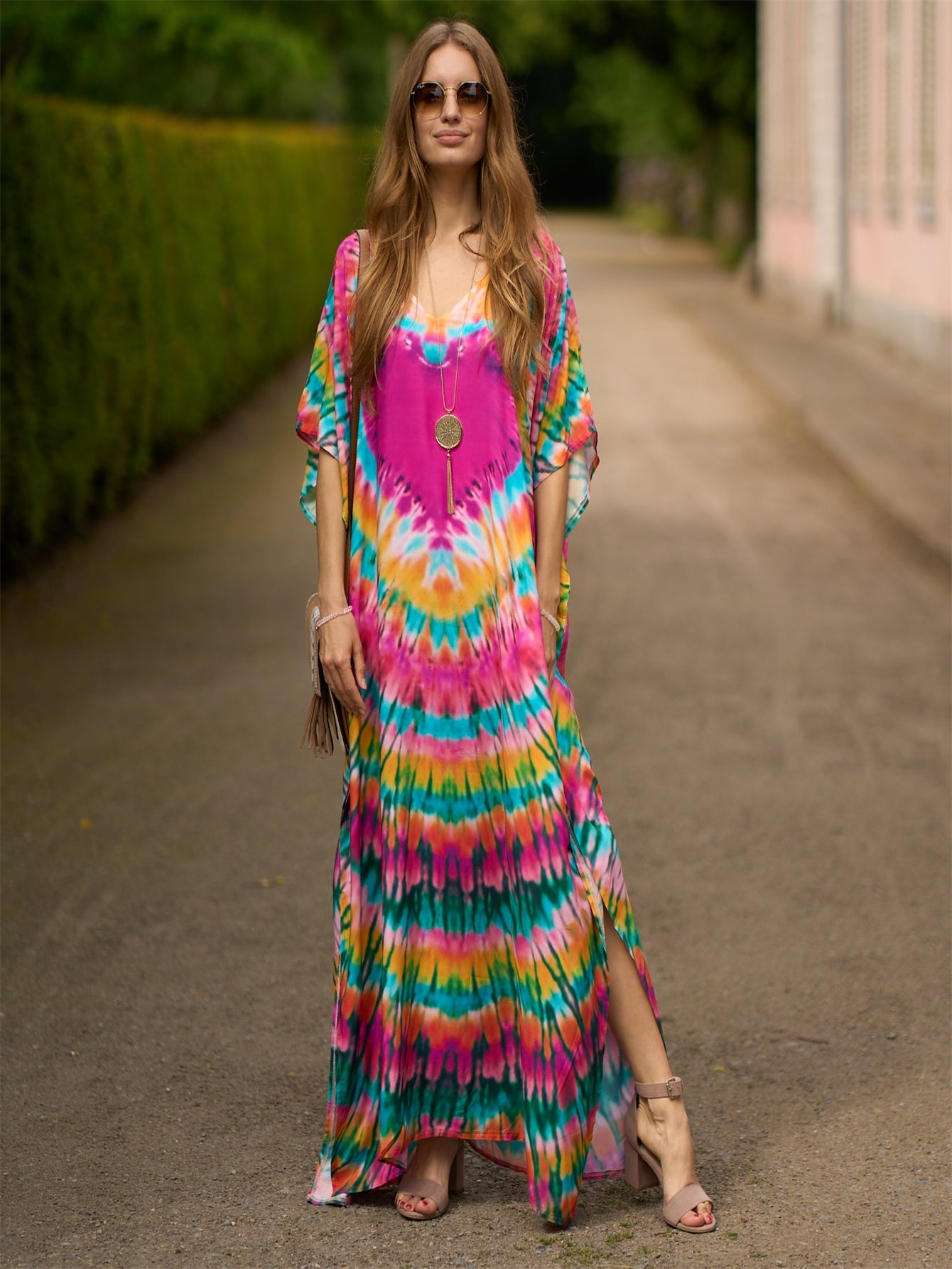 Women's Rayon Bohemian Beach Cover-Up Dress - Loose Fit Batwing Sleeve Turkish Kaftan with Striped Print, Round Neck Long Dress for Poolside, Vacation & Home Wear, Spring Summer Fall, Summer Cover Clothing