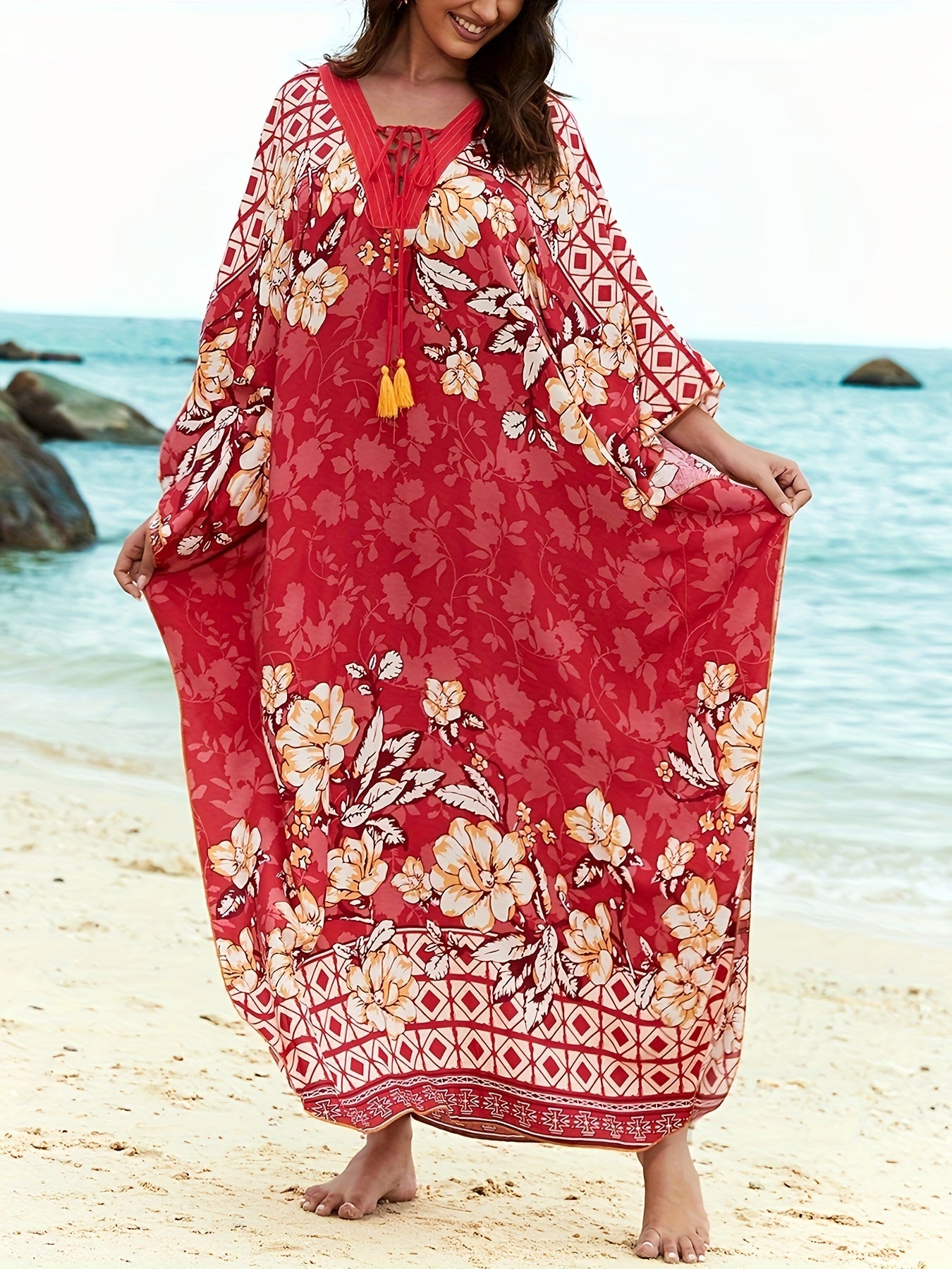 Women's Floral Print Beach Cover-Up Kaftan Dress Floral Pattern, V-Neck With Tie, Loose-Fitting Ethnic Style Casual Maxi Dress