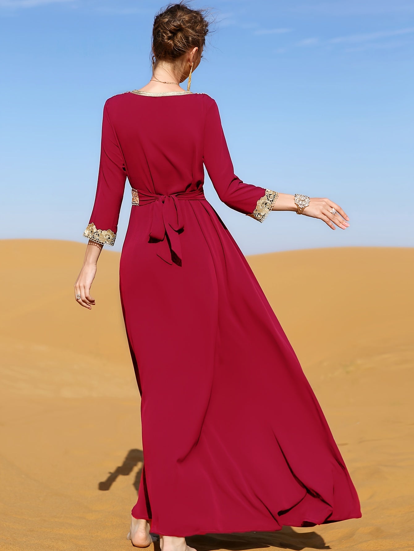 Elegant Golden Contrast Lace Detail Maxi Palestinian Abaya - V-Neck, Long Sleeve, Polyester, Formal or Evening Wear for Women, Formal Occasion Attire | Lace Detailing | Polyester Fabric