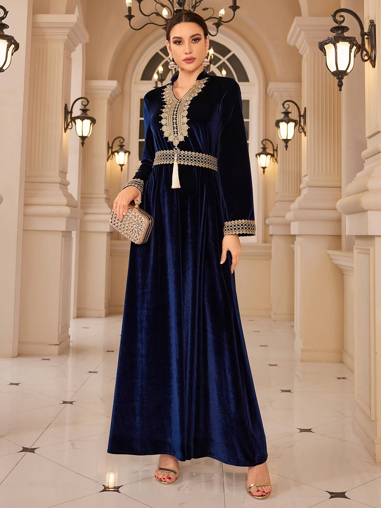 Elegant Women's V-Neck Tassel Embroidered Long Sleeve Maxi Modern Abaya - Velvet Teal Blue with Detachable Belt, Flowy Loose Fit for Weddings, Parties & Festivals, Middle Eastern Attire