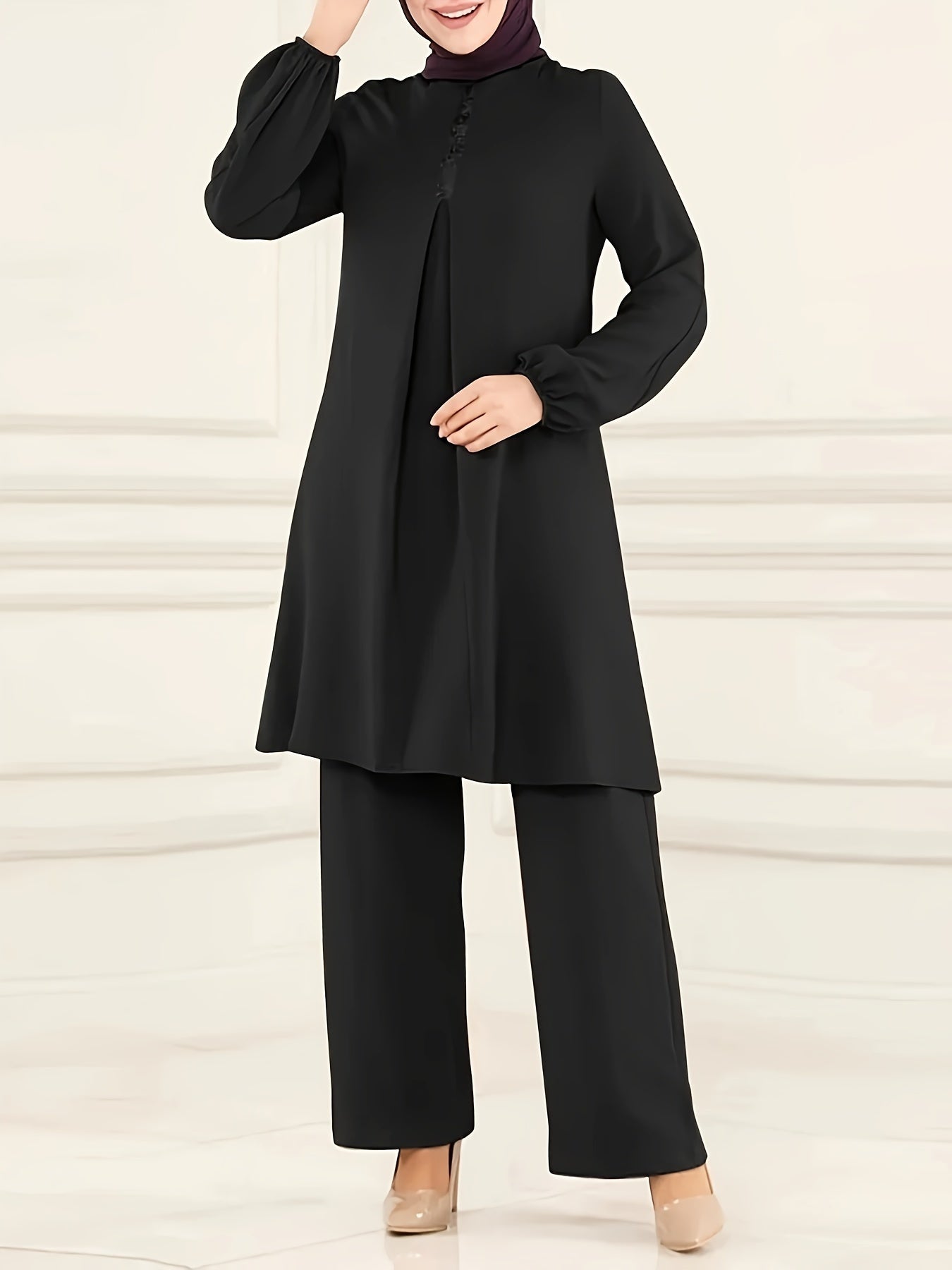 Ramadan Elegant Pure Muslim Two Piece Set, Long Sleeve Round Neck Top and straight-leg Pants Jilbaab Outfits, Women Clothing