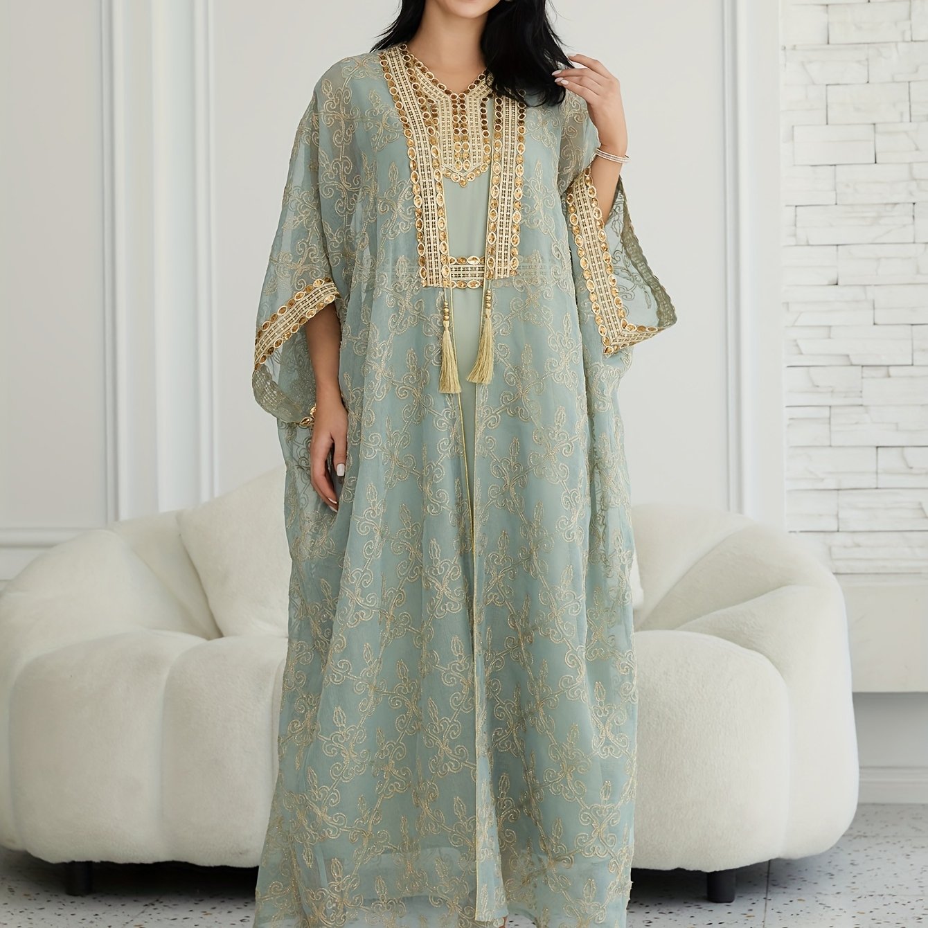 Oriental Style Sequined Lace Two-Piece Mesh Emirati Abaya Dress for Women, Middle Eastern Traditional Long Robe