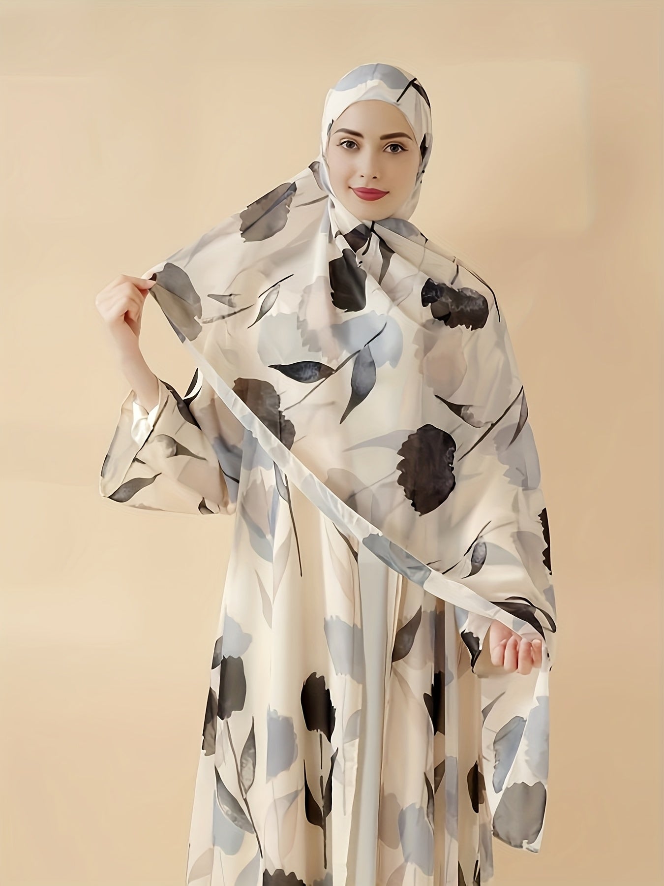 Elegant Floral Print Abaya Set - Lightweight, Open Front Long Robe with Matching Garment, Polyester, Non-Stretch Fabric, Perfect for Summer, Middle Eastern Fashion