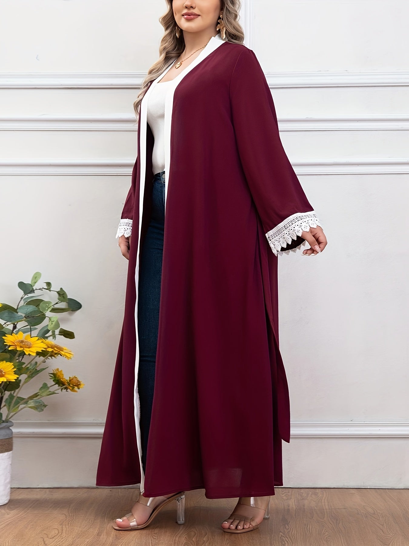 Plus Size Elegant Lace Trim Belted Kaftan Coverup - Stylish Open Front Abaya, Long Sleeve, Flowy Design, Comfortable Wear - Women's Plus Size Clothing for Beach, Pool, or Resort