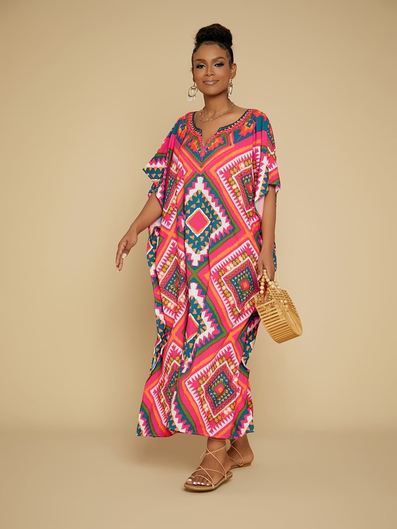 Women's Elegant V-neck Gown Skirt Square Geometric Pattern Resort Beach Caftan Cover-up Is Suitable For Spring, Summer and Autumn
