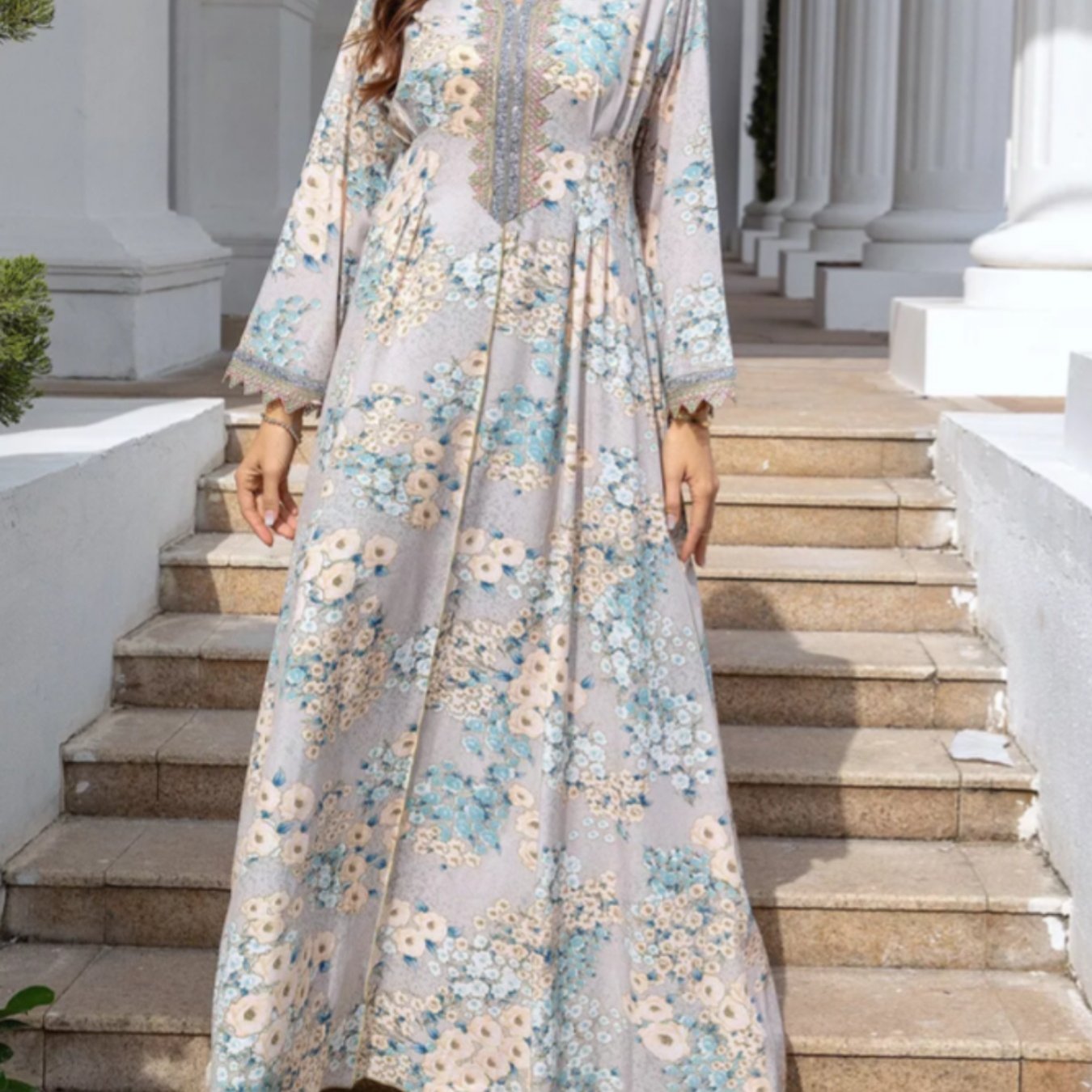 Women'S Light Blue Floral Print Abaya Baju Dress - Long Sleeve V-Neck, Asymmetrical Hem, Flowy Beach Cover-Up with Pockets, Casual & Modest Style for Casual Attire, Beach Dress
