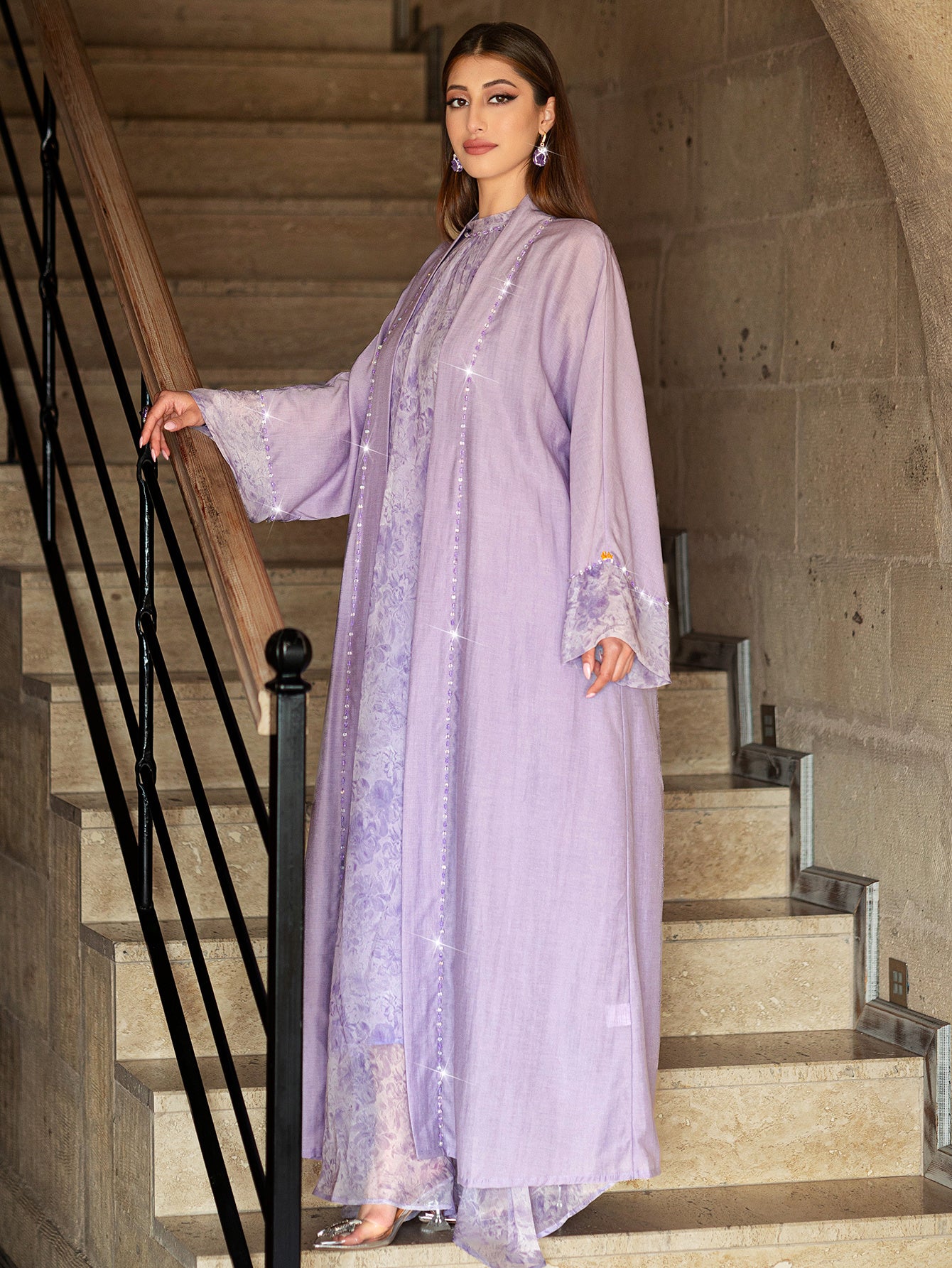 1pc Outerwear, Modern Lavender Abaya with Sparkling Rhinestone Embellishments – Lightweight and Elegant Design (Inner Wear Not Included)