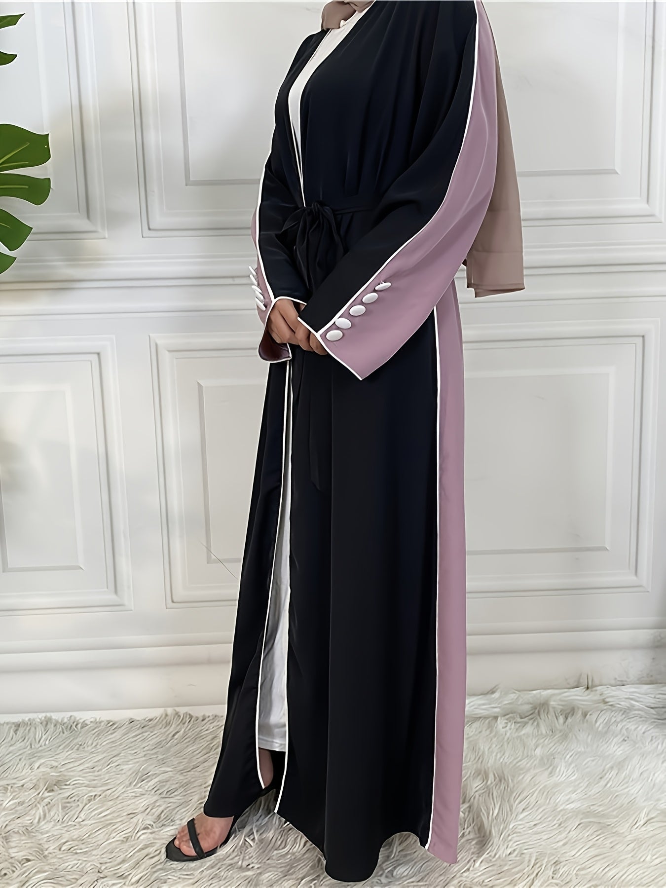 Women's Elegant Patchwork Batwing Sleeve Open Abaya - Long Sleeve, Button-Up Front, Lightweight Polyester, Perfect for Spring & Fall Casual Wear, Stylish Outdoor Attire | Breezy Abaya