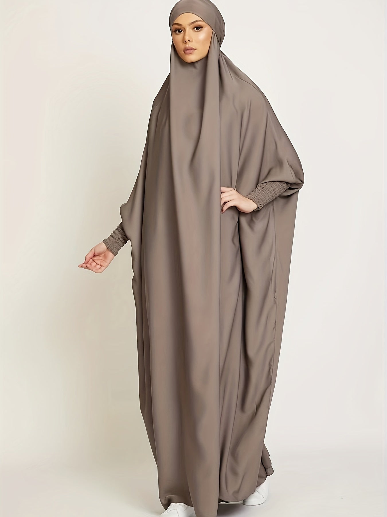 Long Sleeve Solid Color Jibab Abaya - Women's Traditional Arabian Polyester Robe with Tie Back, 95% Polyester 5% Elastane, 135g/m² - Muslim Nida Hijab Dress