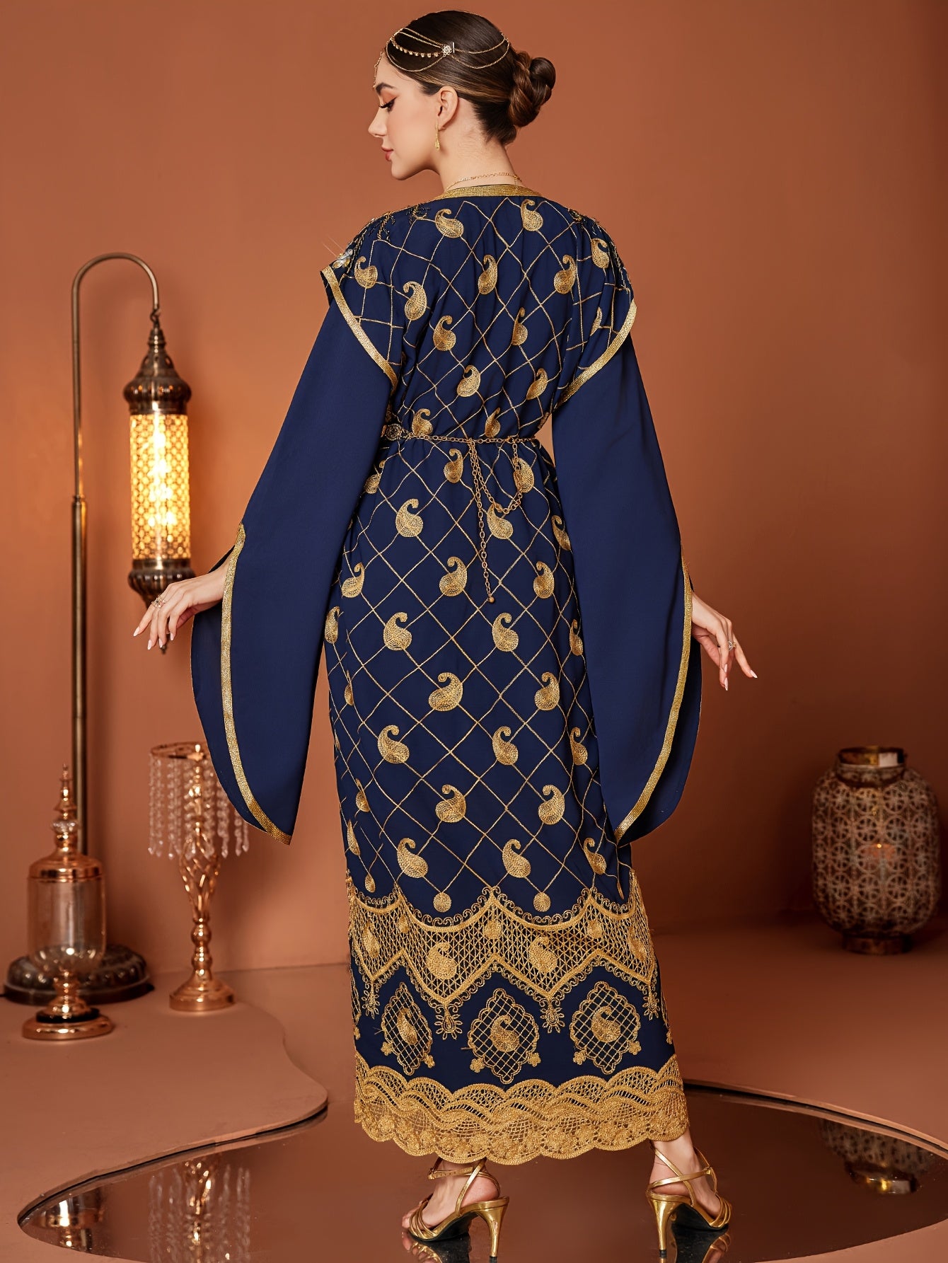 Elegant Long Sleeve Abaya Gown Dress | Women's Middle Eastern-Inspired Navy Blue & Golden Lace Trim - Lightweight 100% Polyester, Belted Waist, Hand Wash Only, Spring/Summer Casual to Formal Wear