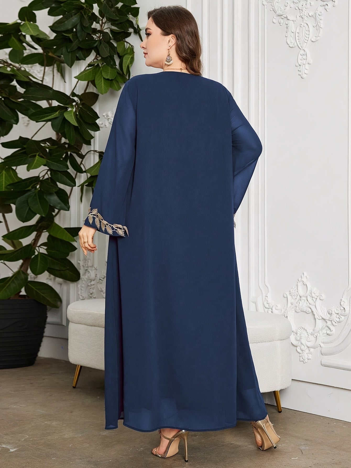 Plus Size, Women's V-Neck Long Sleeve Golden Embroidered Ribbon Chiffon Loose Casual Comfortable Elegant Daily Party Plus Size Arabic Abaya Dress, Modest Kaftan