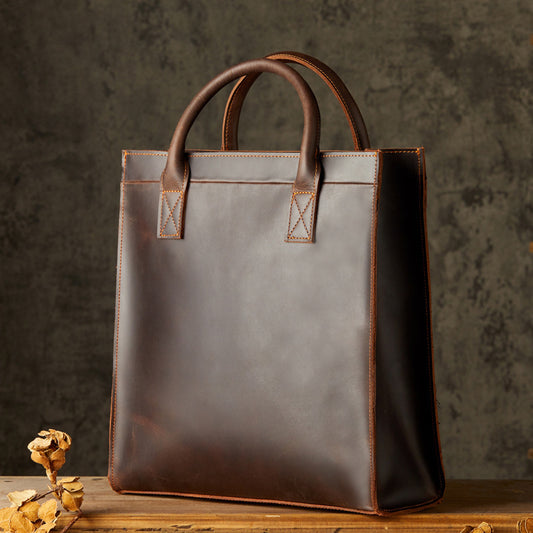 Vertical Full-Grain Leather Laptop Briefcase- Men'S Commuter Shoulder Tote- Minimalist Leather Messenger Bag