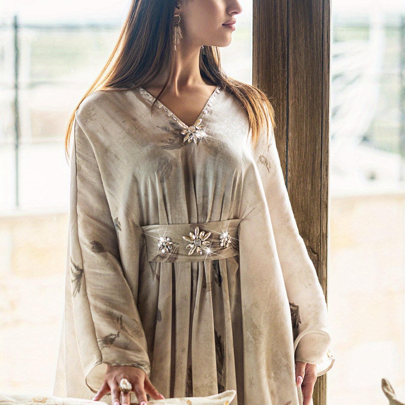 Elegant Turkish Long Tunic with Hand-Stitched Rhinestone Embellishments, Metallic Sheen Soft Fabric Abaya, Floral Pattern, Long Sleeve, Regular Fit for Women - Ideal for Parties & Gatherings, Party Attire