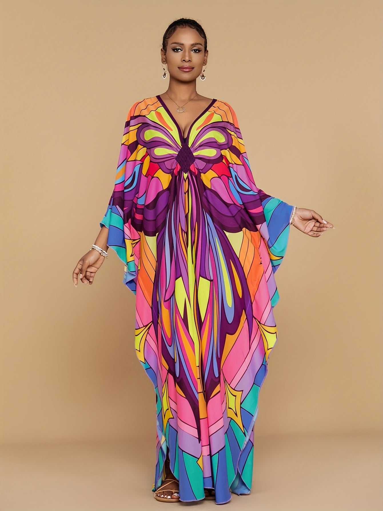 Plus Size - Maxi Dress - Vibrant Butterfly Abaya Cover Up, V-Neck Batwing Sleeve Tunic with Asymmetrical Hem, Loose Fit Long Beach Dress for Women, Spring Summer Fall Casual Outings, Beach Dress