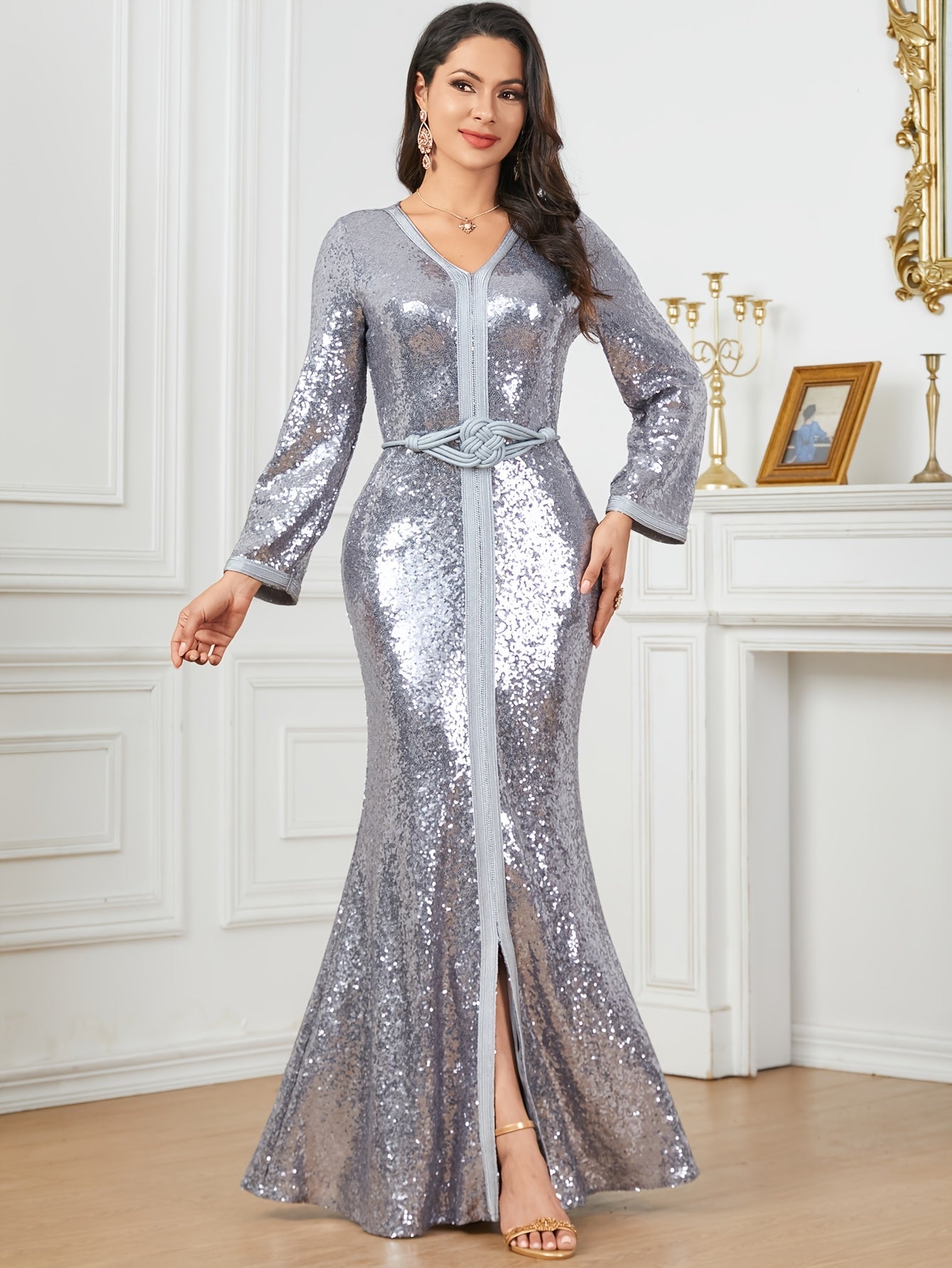 Middle Eastern Muslim Women's Beaded Mesh Panel Solid Color Belted V-Neck Slim Fit Slit Party Modern Abaya with Customizable Waistband