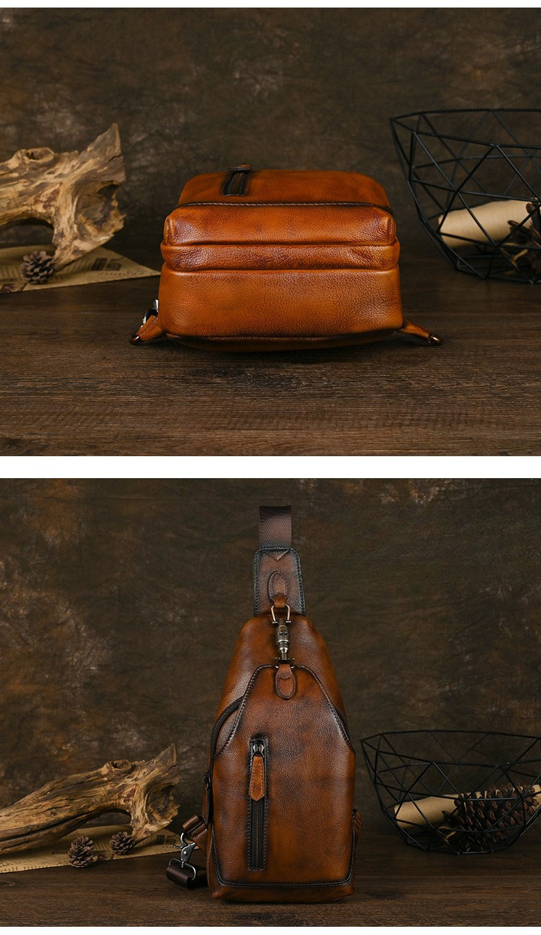 Handmade Genuine Leather Men's Retro Sling Bag - Adjustable Anti-Theft Crossbody Bag with Large Capacity