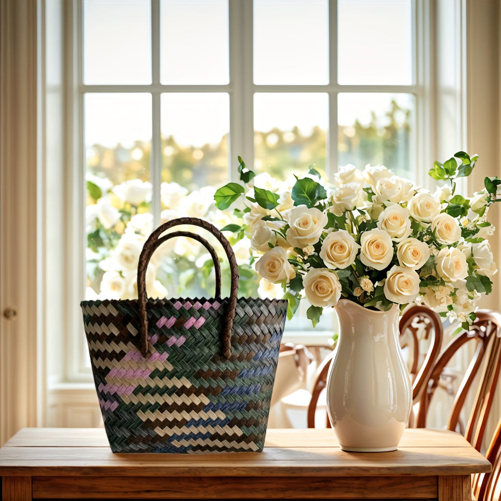 One Piece, Hand-Woven Handbag Handheld Versatile Women's Bag, Suitable for Vacation, Imitation Rattan Design, Tote Bag Style